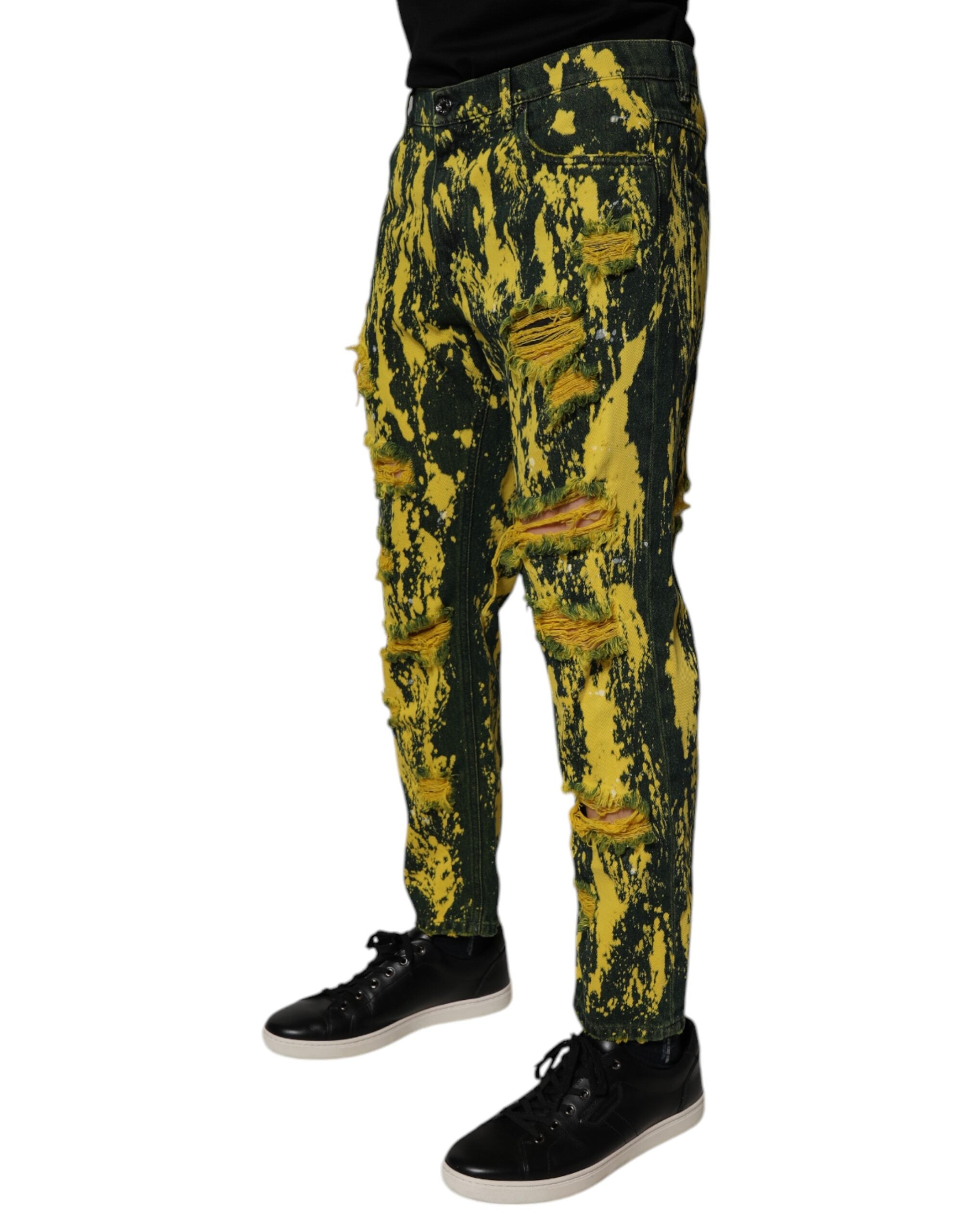 Dolce & Gabbana Black Yellow Tie Dye Tattered Skinny Men Denim Jeans