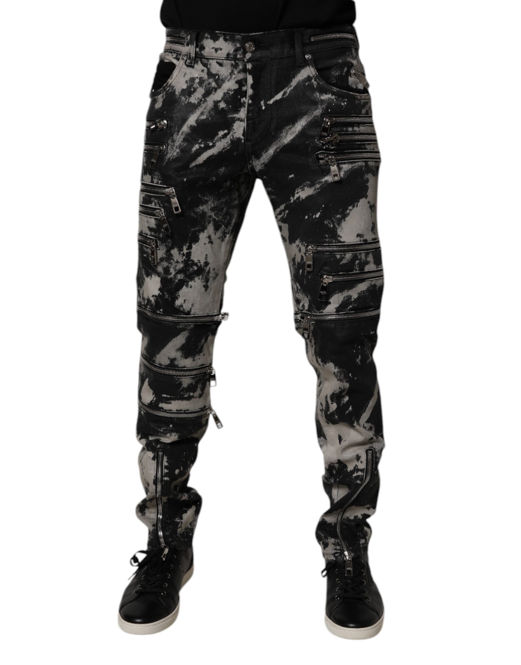 Dolce & Gabbana – Schwarze Skinny-Jeans aus Baumwolle mit Batikmuster und Reißverschluss