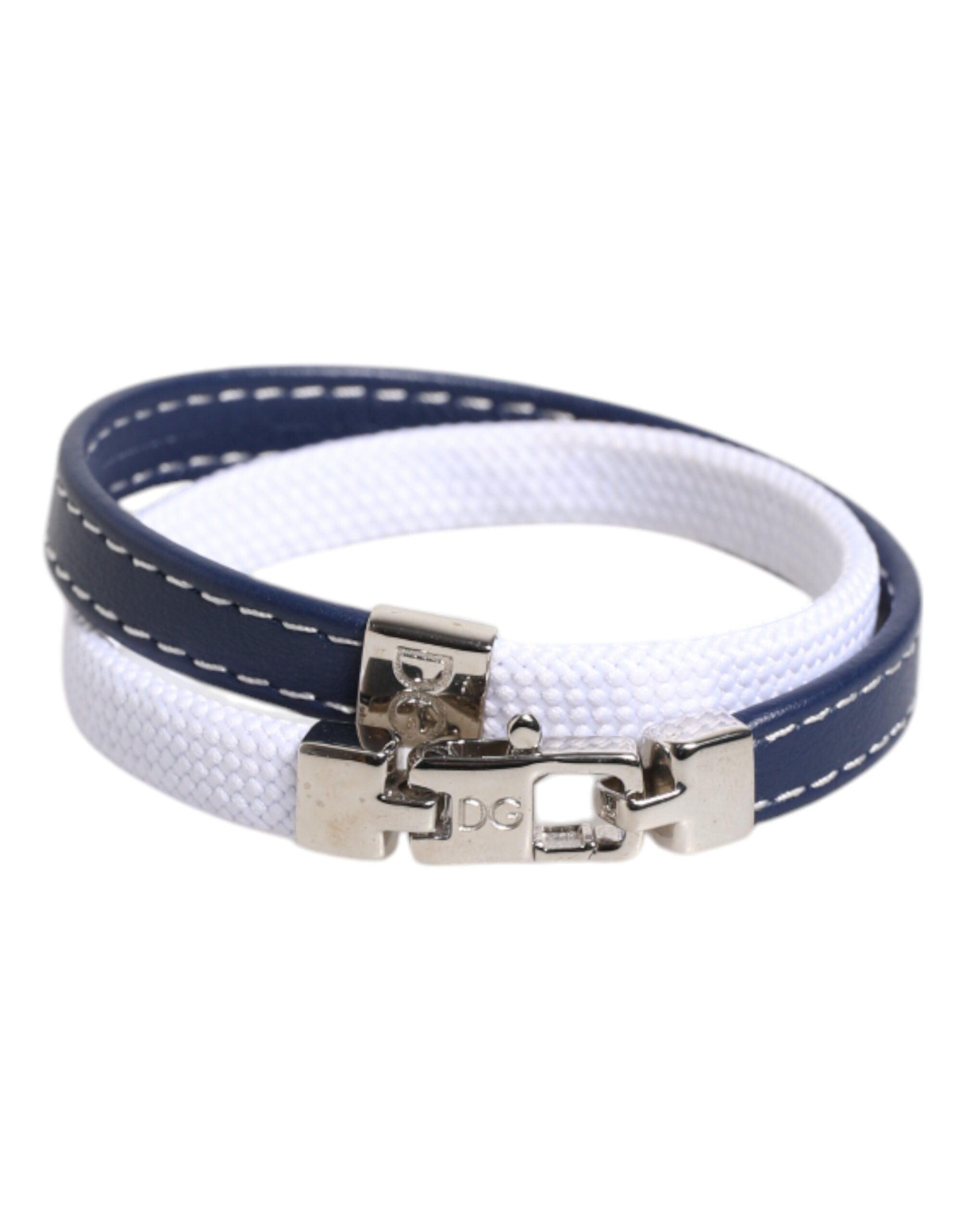 Dolce & Gabbana – Armband mit silberfarbenem Verschluss und blau-weißem Lederbesatz mit DG-Gravur