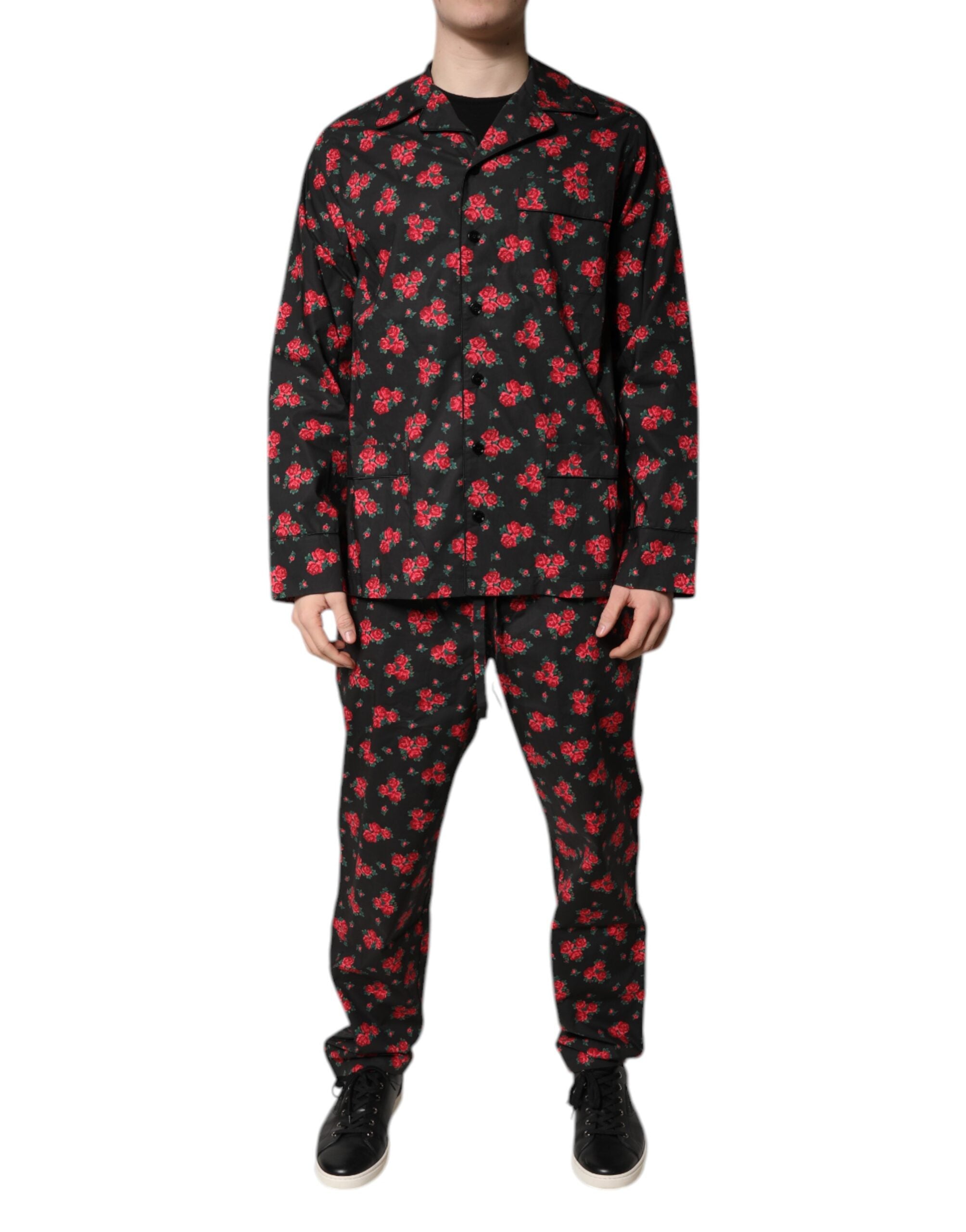 Dolce & Gabbana – Schwarzes Pyjama-Set aus Baumwolle mit Blumendruck für Herren