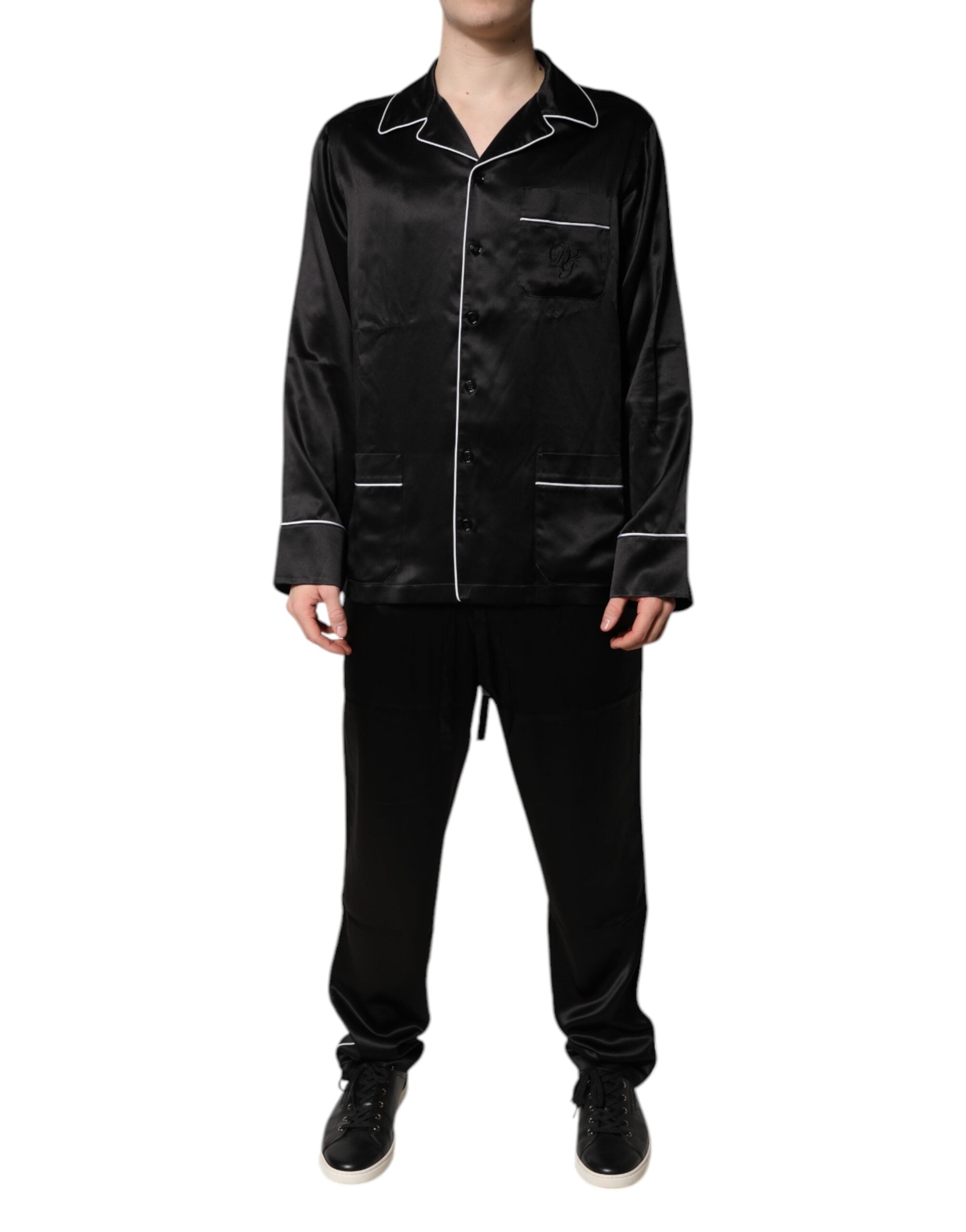 Dolce & Gabbana – Pyjama-Set aus schwarzer Seide mit Hemd und Hose