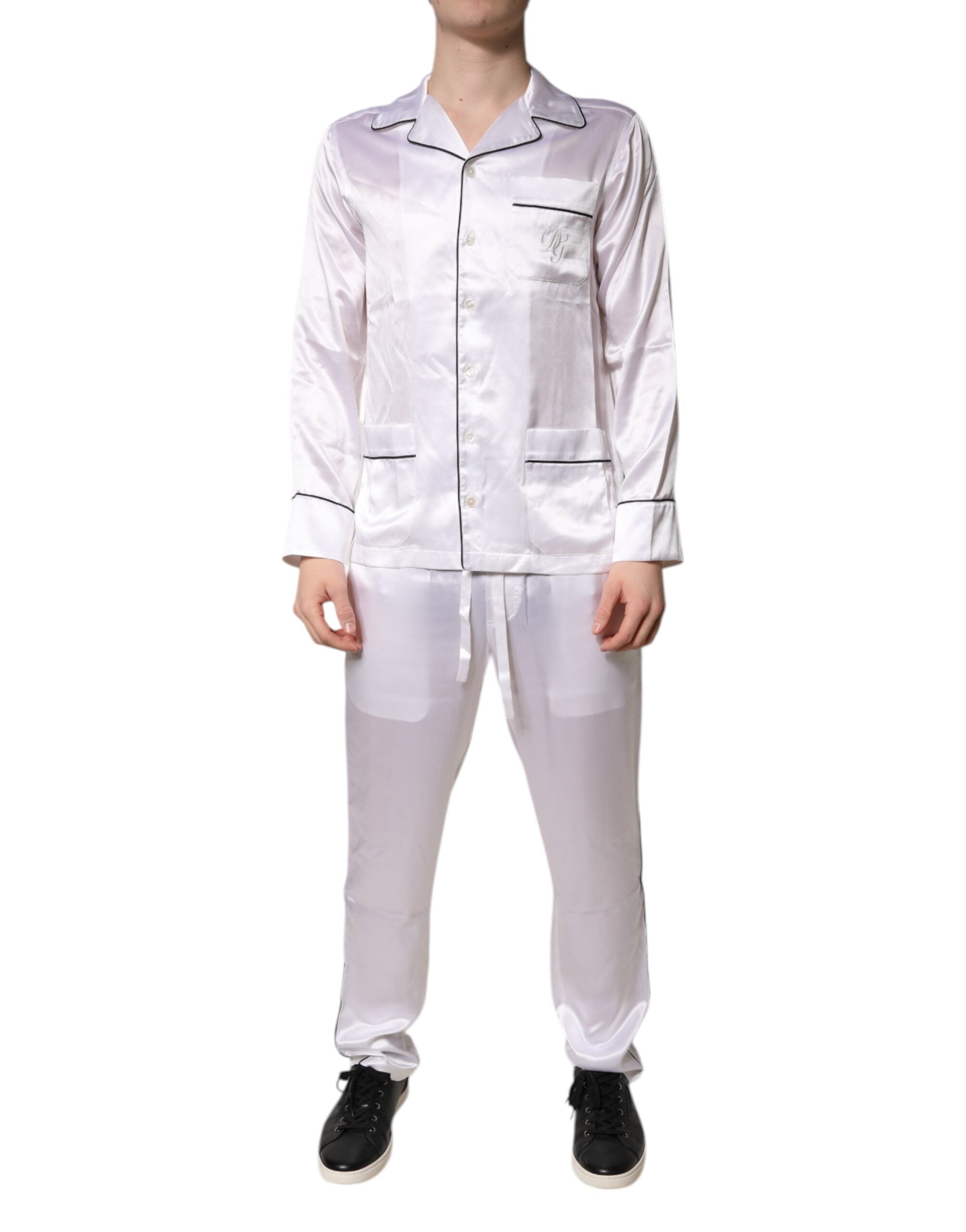 Dolce & Gabbana Weiß Satin Seide Männer Pyjama Set Nachtwäsche