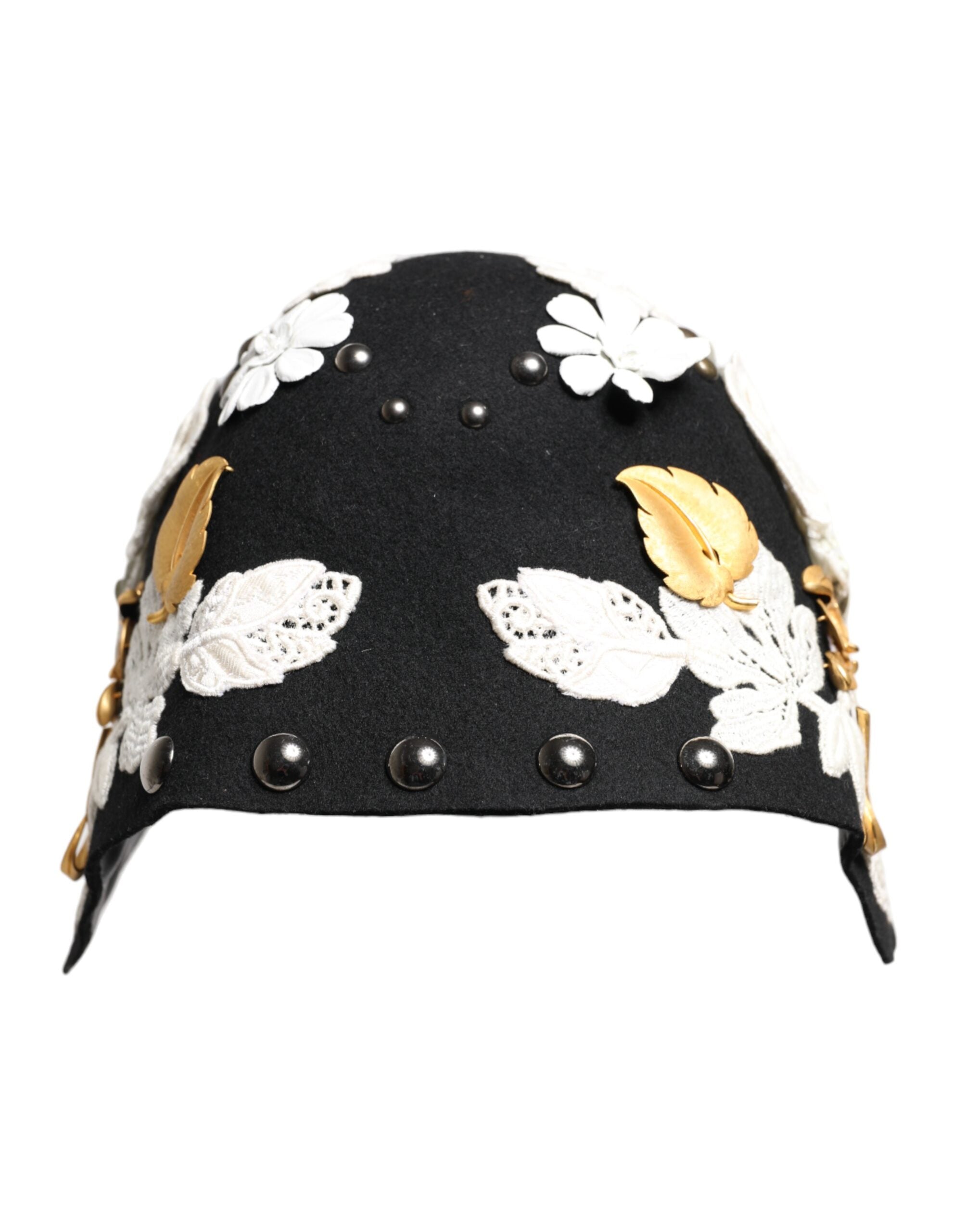 Dolce & Gabbana Glockenhut aus schwarzer Wolle mit weißem Blumenmuster und Blattgold