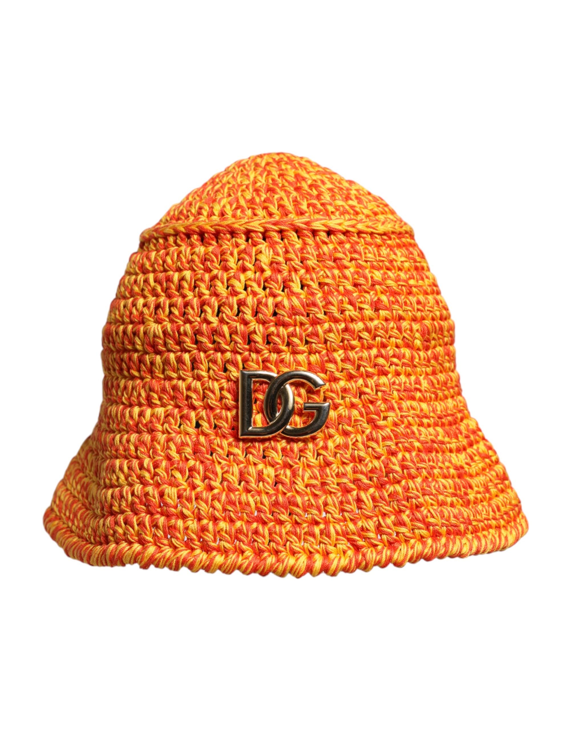 Dolce & Gabbana – Orangefarbener Fischerhut aus gehäkelter Baumwolle mit DG-Logo