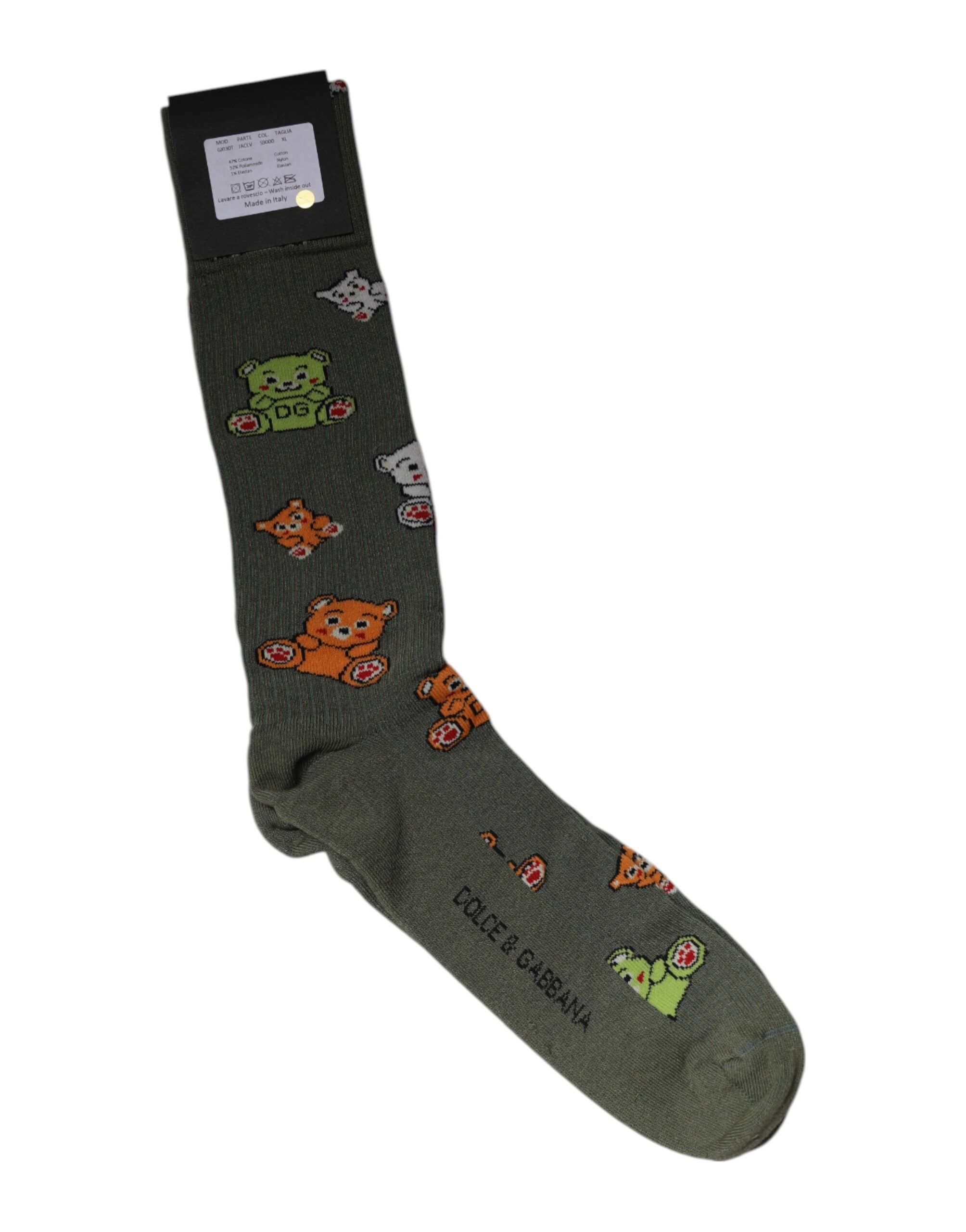 Dolce & Gabbana Grüne Nylonsocken mit DG-Bären-Print, wadenlang