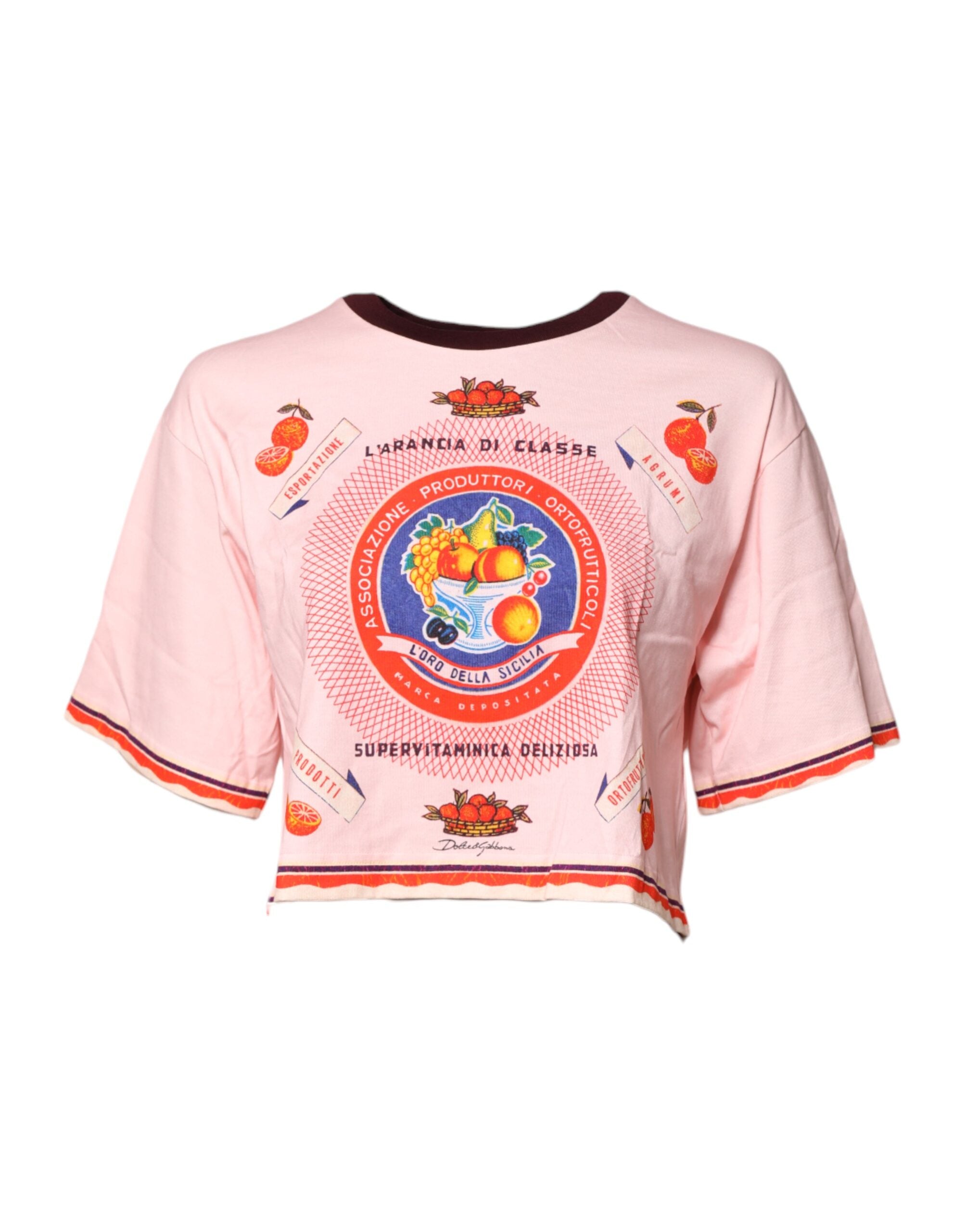 Dolce & Gabbana – Kurzes Oberteil aus Baumwolle mit rosa Aufdruck und kurzen Ärmeln