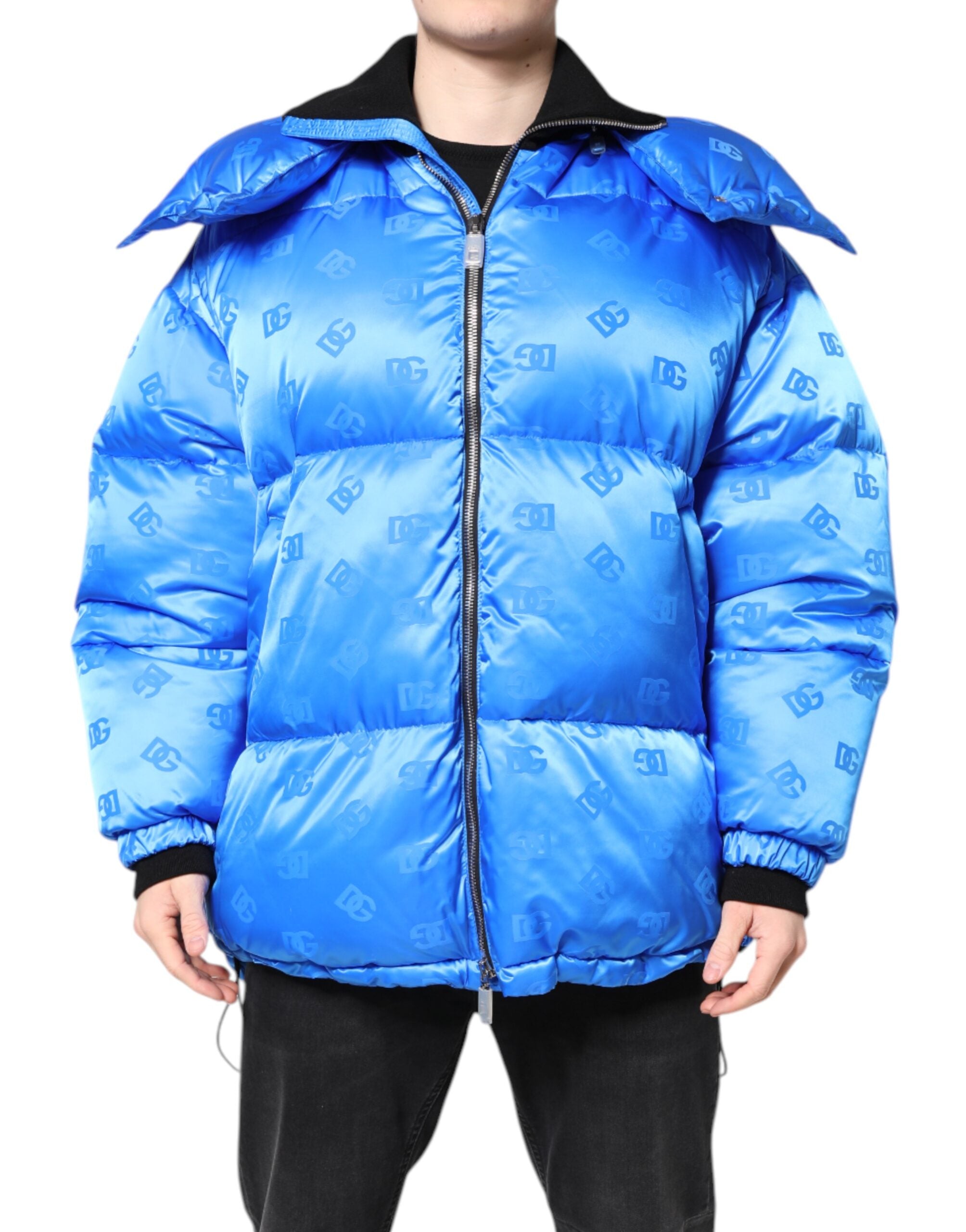 Dolce & Gabbana – Blaue Steppjacke mit durchgehendem Reißverschluss und Kapuze