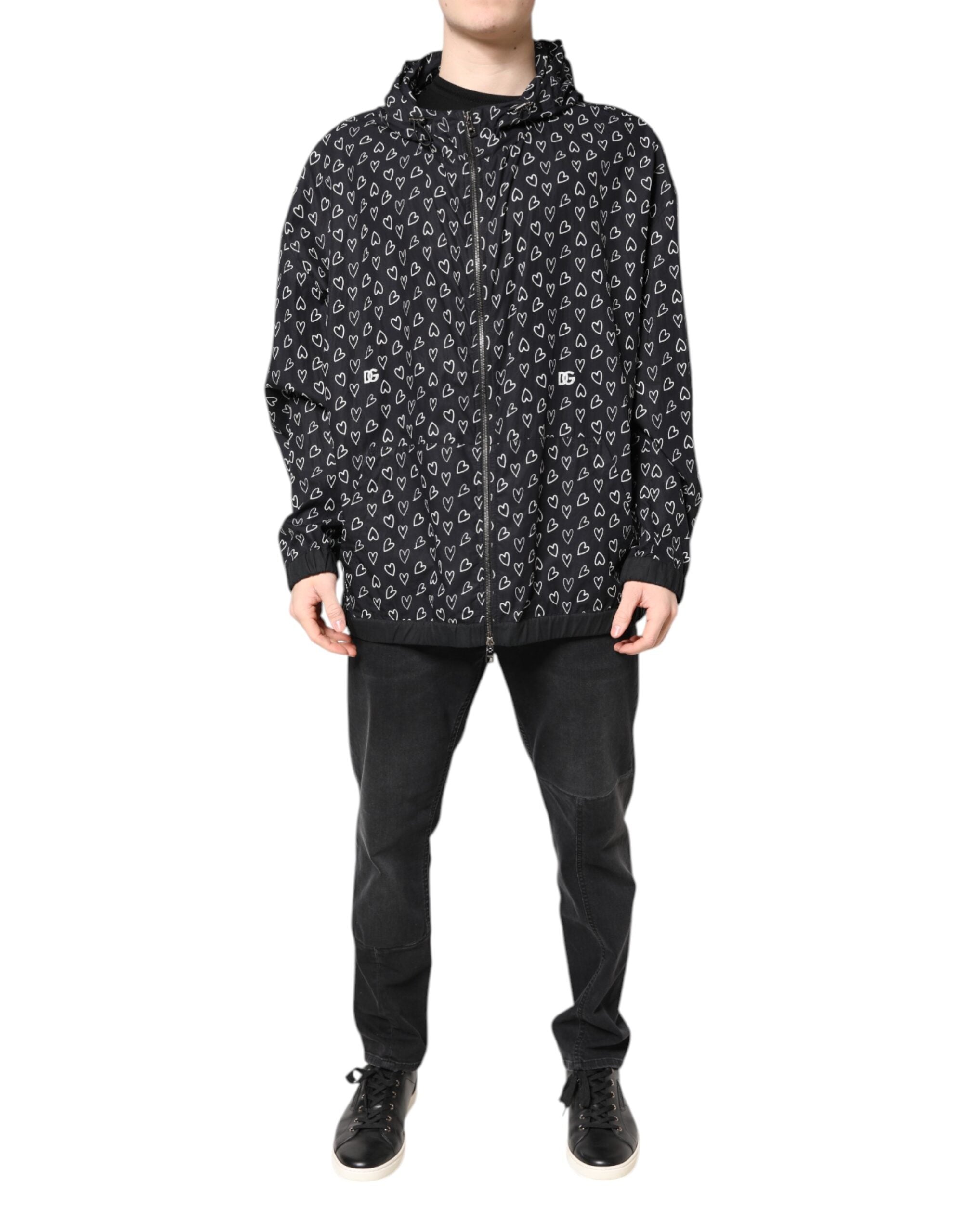 Dolce & Gabbana Black Heart Print Hooded Windbreaker Jacket