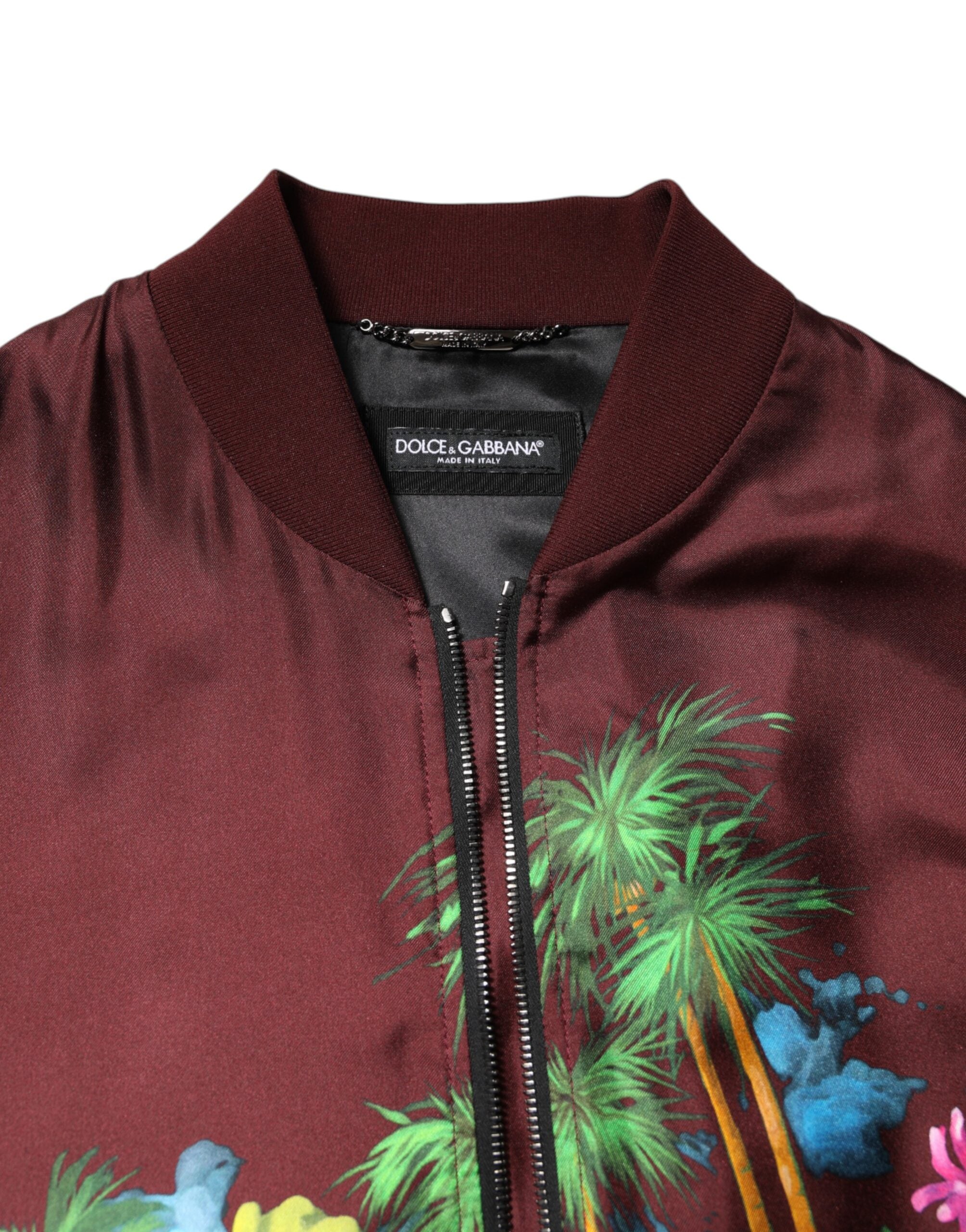 Dolce & Gabbana Maroon Floral Print Full Zip Bomber Jacket