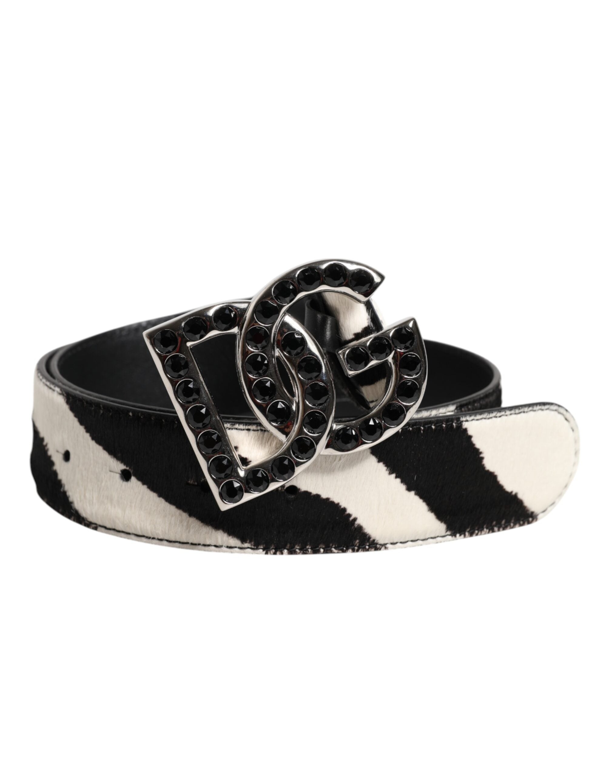 Dolce & Gabbana Weiß-Schwarzer Ledergürtel mit Zebra-DG-Kristallschnalle