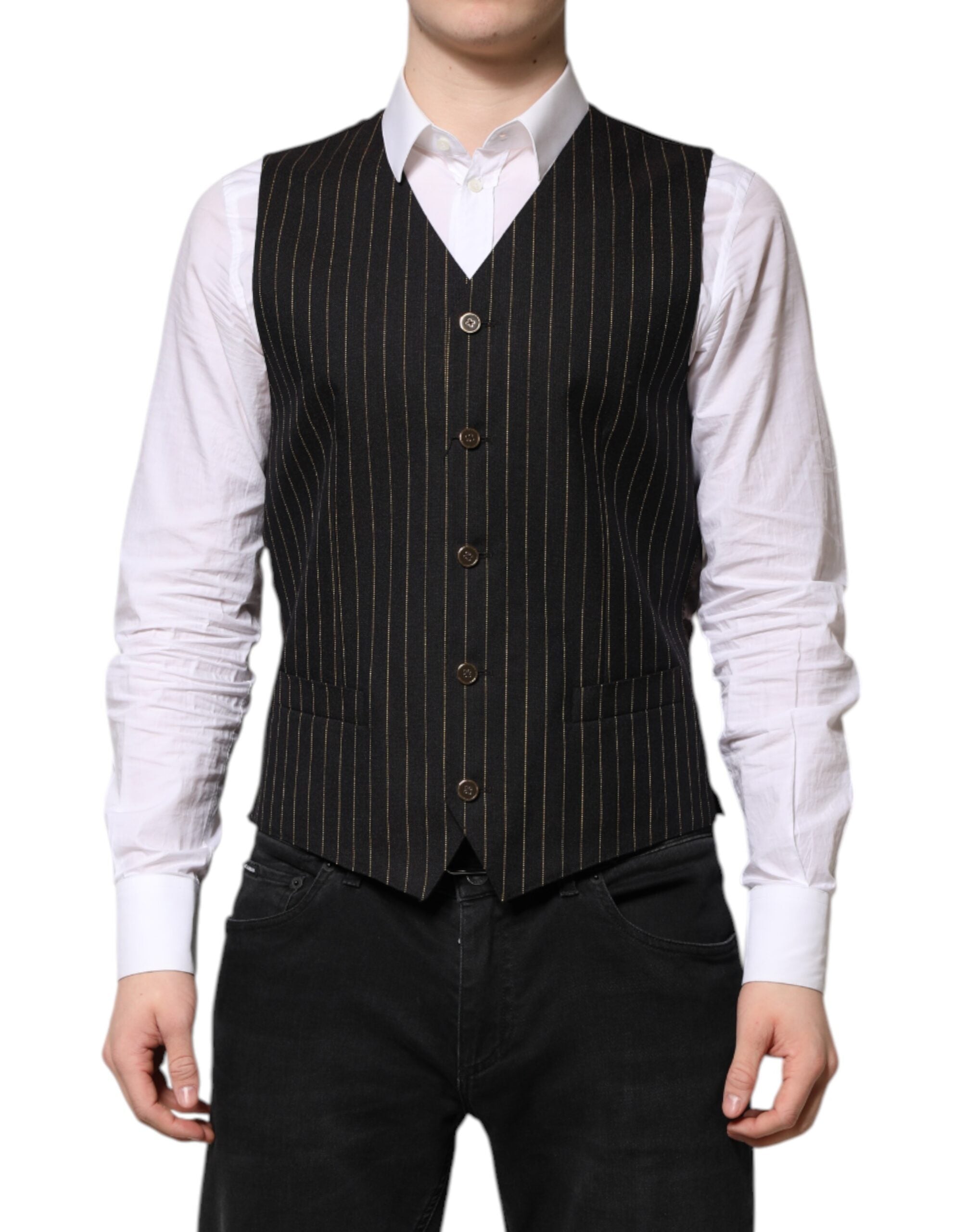 Dolce & Gabbana Schwarze Streifen Wolle Formale Herren Weste
