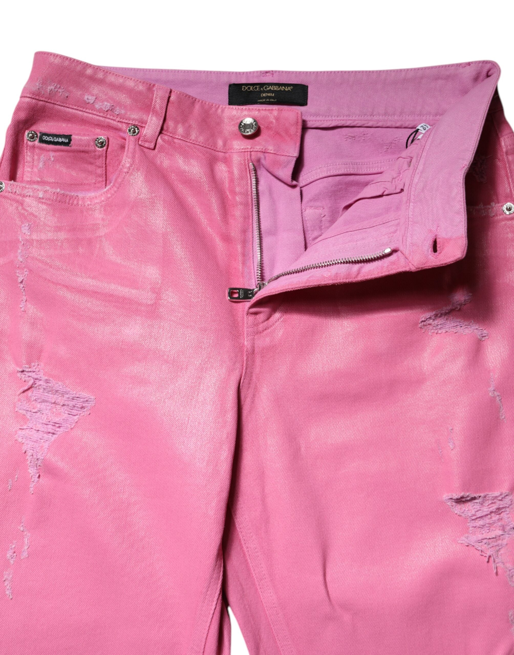 Dolce & Gabbana Pink Tattered Mid Waist Tapered Denim Jeans