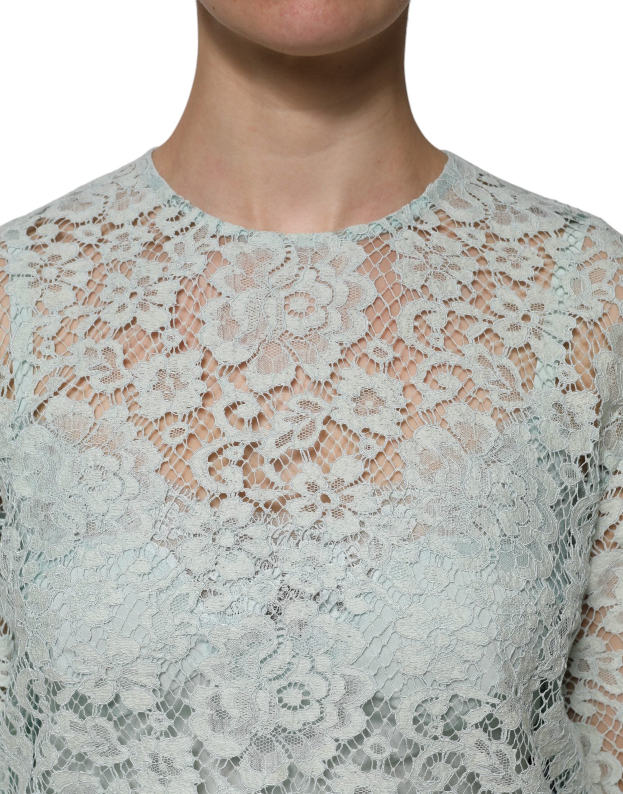 Dolce & Gabbana Mint Green Floral Lace Cotton Blouse Top