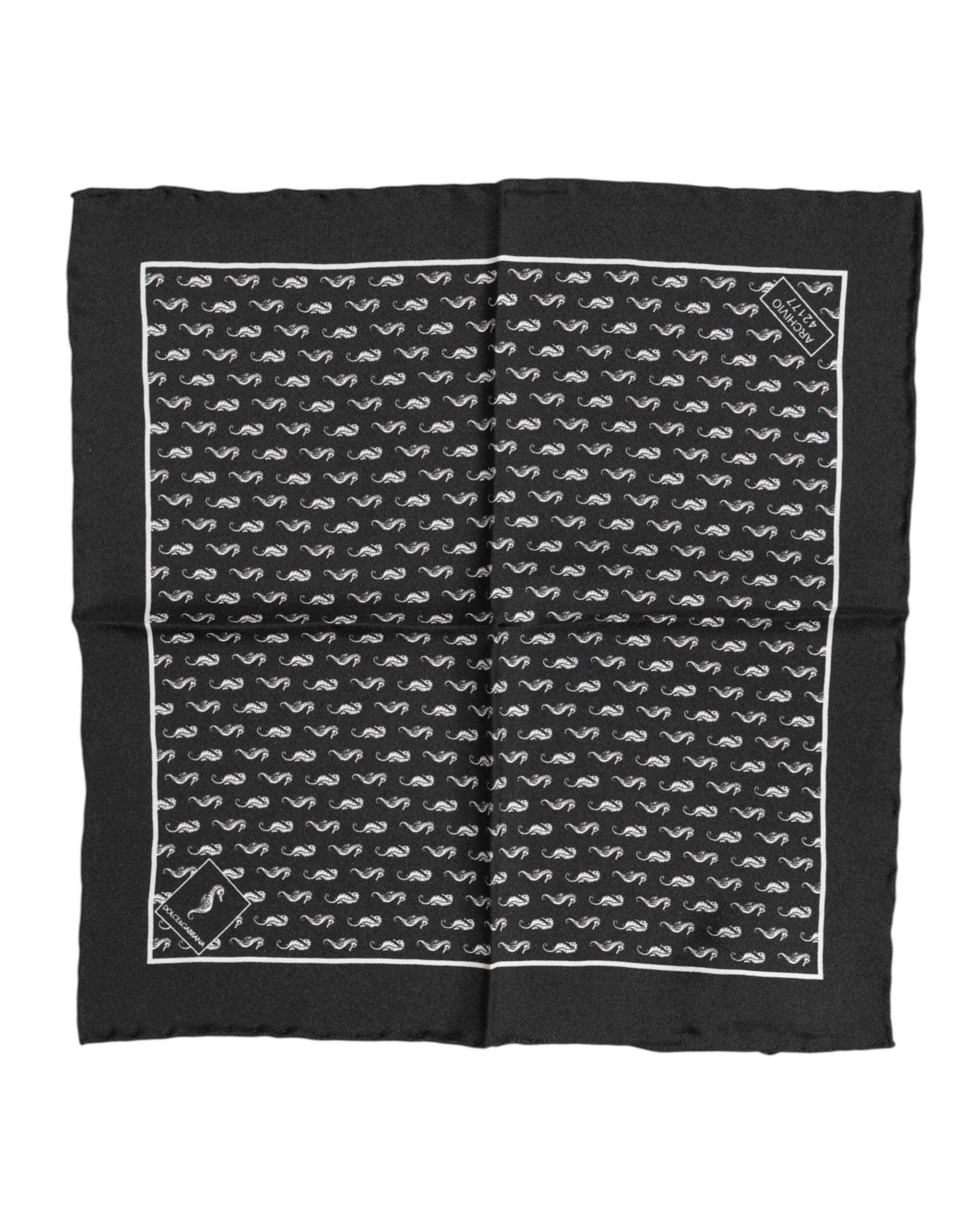 Dolce & Gabbana Schwarzer quadratischer Seidenschal mit Seepferdchen-Motiv für Herren