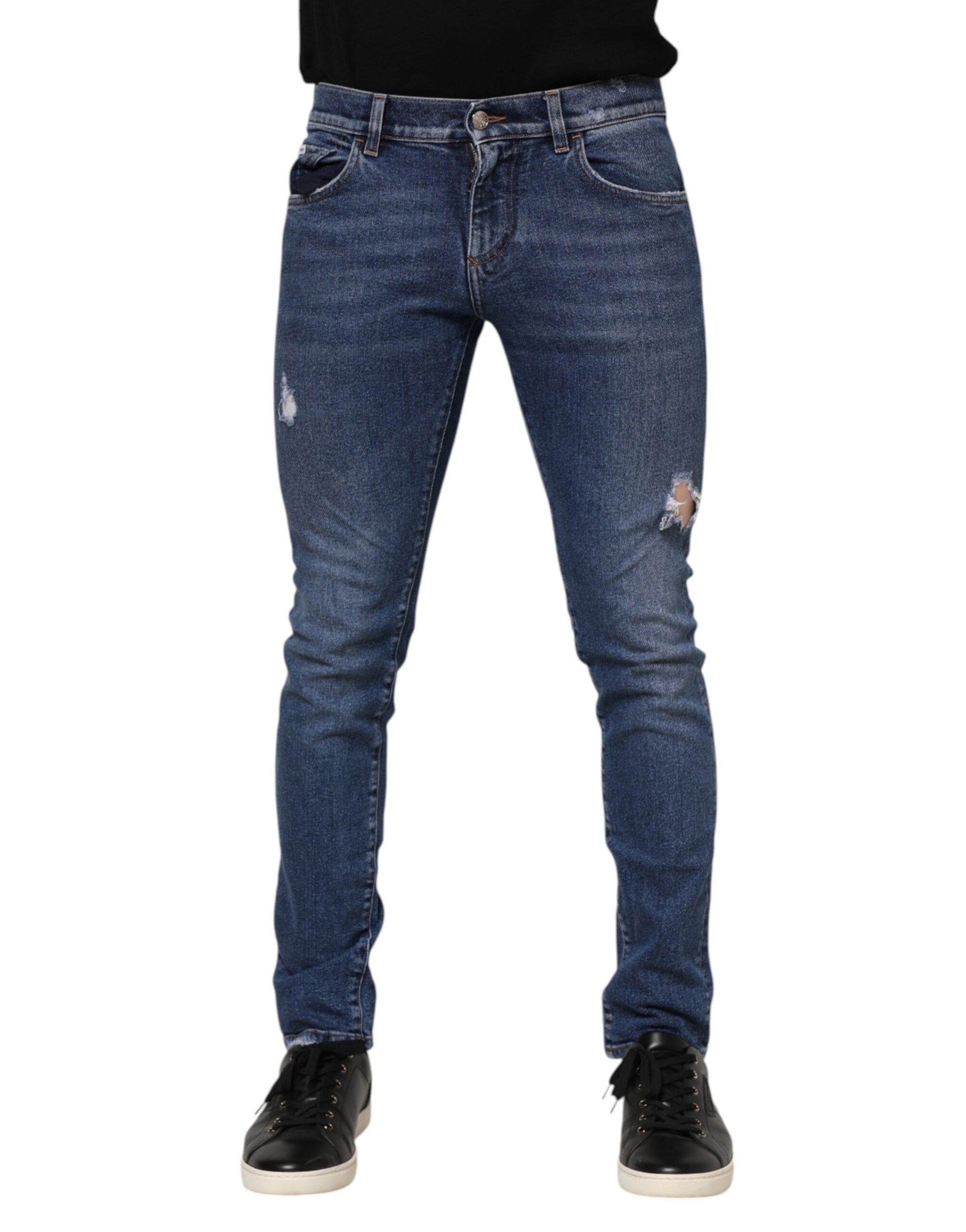 Dolce & Gabbana – Enge Jeans aus Baumwolle mit Logo-Schild in Blau für Herren