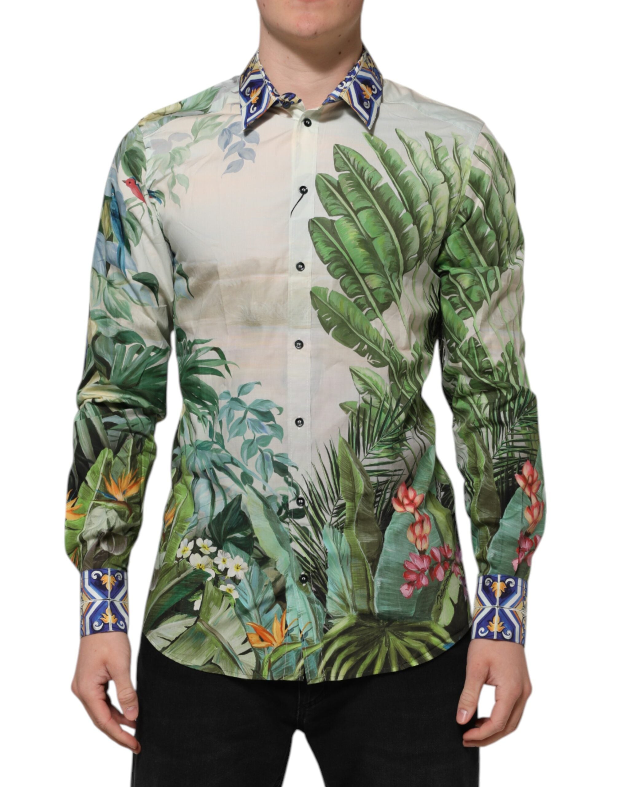 Dolce & Gabbana – Formelles Hemd in Gold mit mehrfarbigem Dschungel-Print