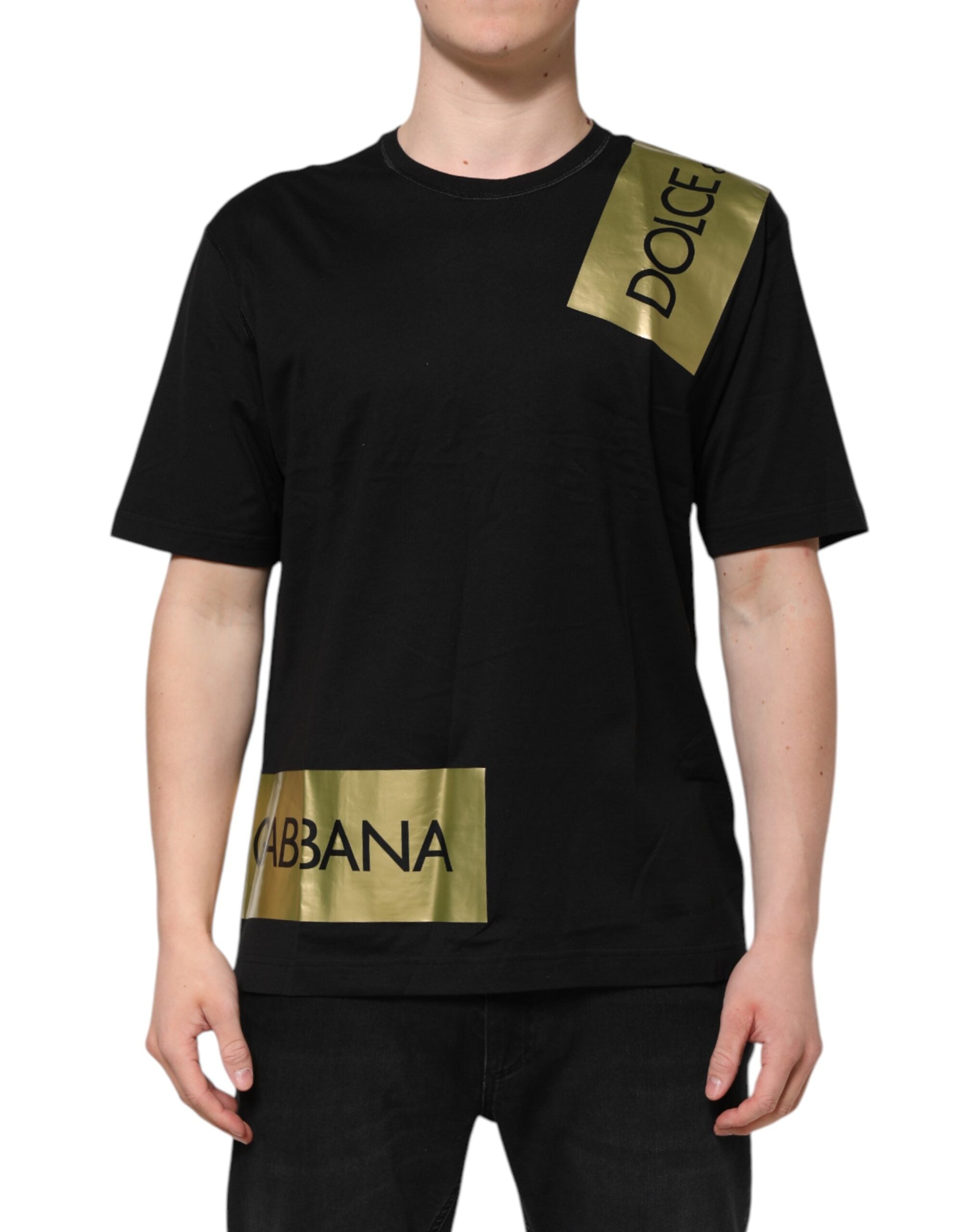 Dolce & Gabbana Schwarzes Baumwoll-T-Shirt mit Rundhalsausschnitt und Logoband
