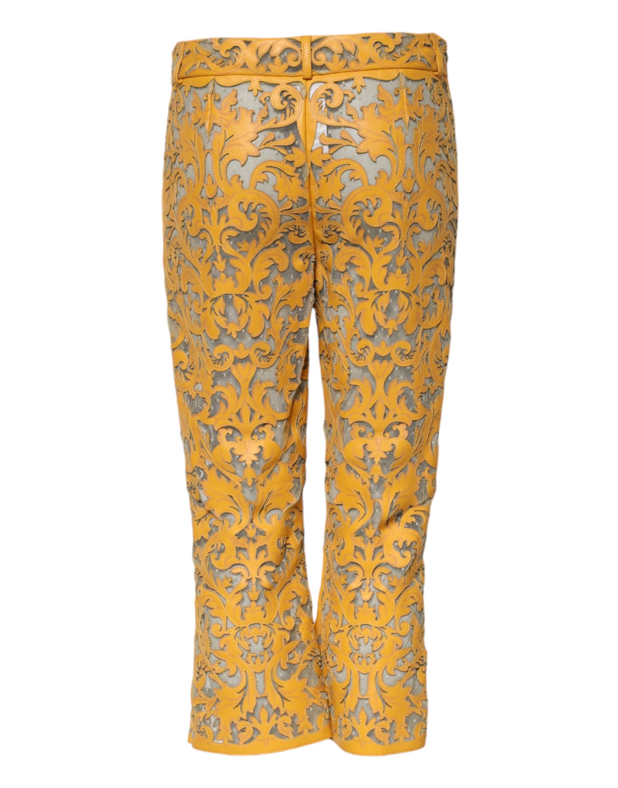 Dolce & Gabbana Yellow Floral Lace Mid Waist Capri Pants