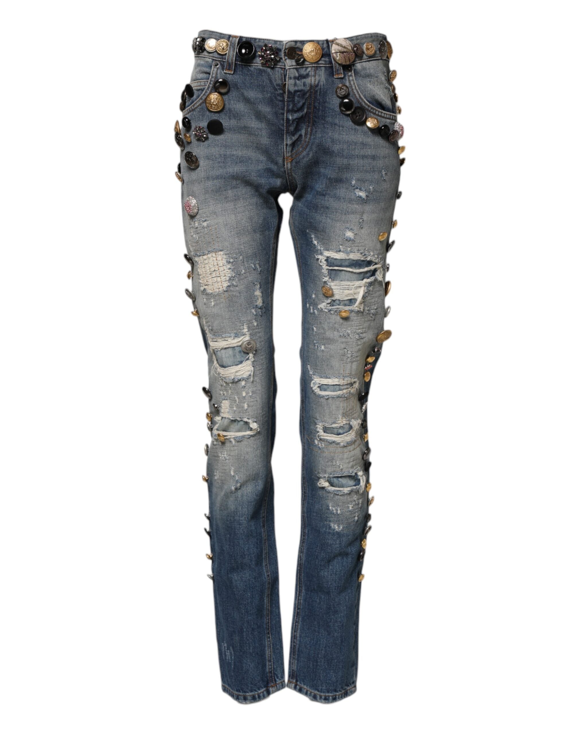 Dolce & Gabbana – Verzierte, zerfetzte Skinny-Denim-Jeans in Blau