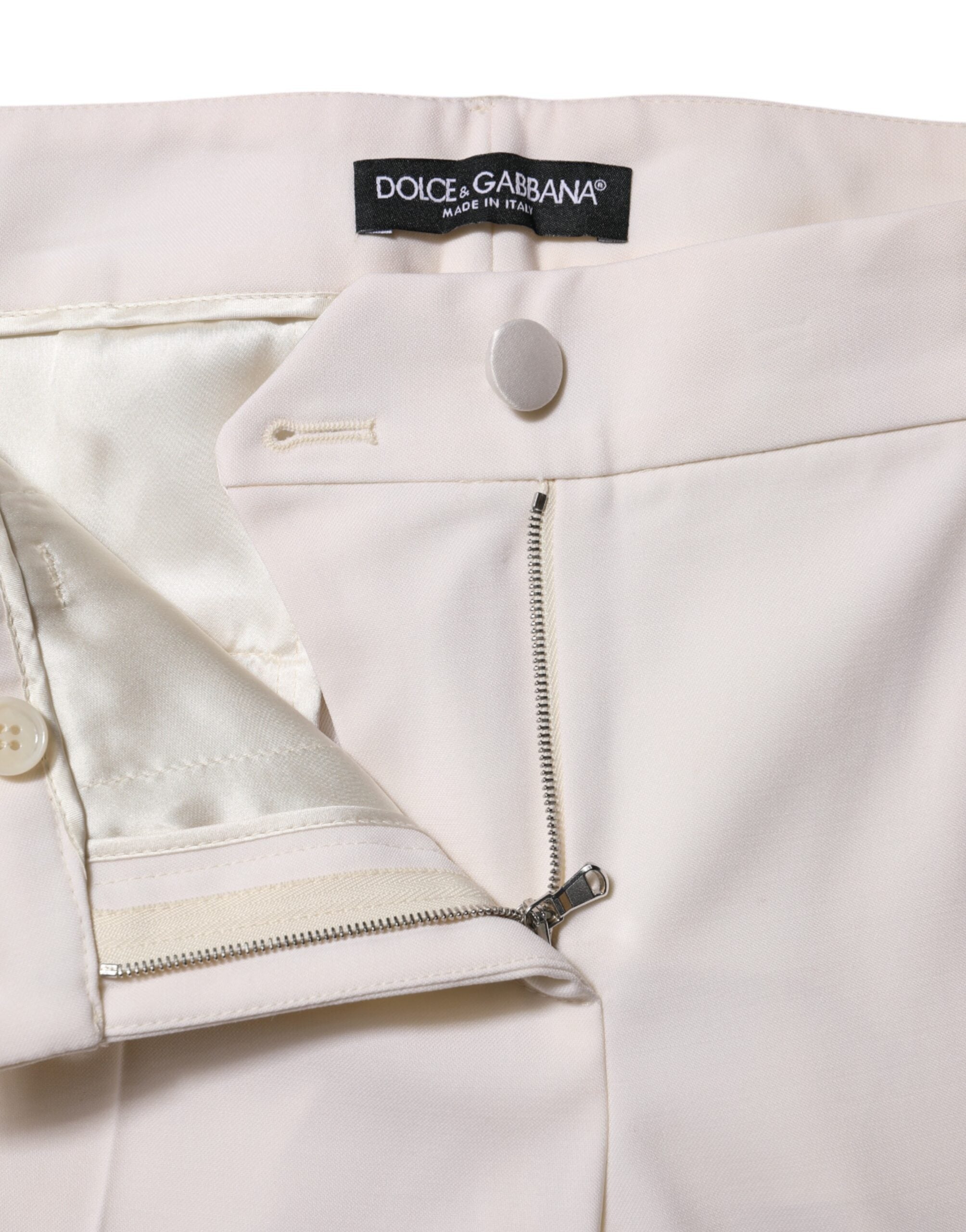 Dolce & Gabbana White Wool Mid Waist Tapered Trouser Pants