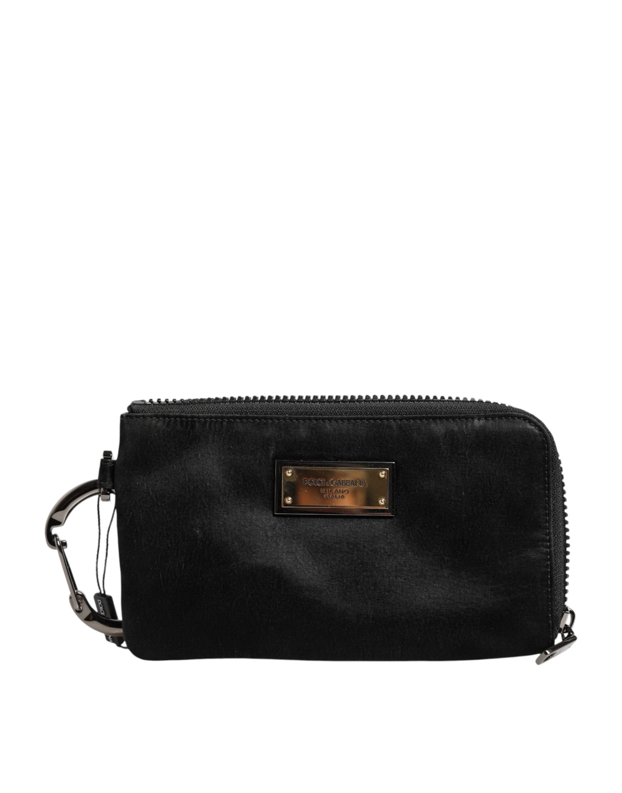 Dolce & Gabbana – Schwarze Clutch aus Nylon mit Schlüsselanhänger und Logo-Schild