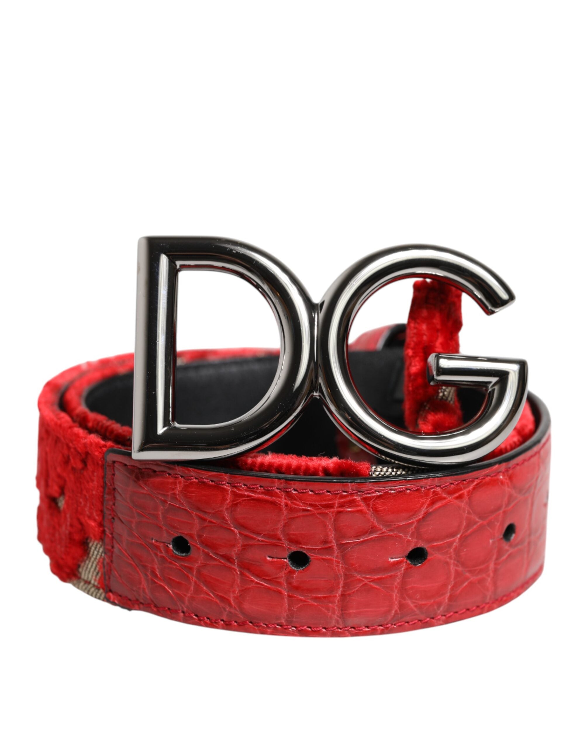 Dolce & Gabbana – Roter Viskose-Gürtel mit silberner DG-Logo-Metallschnalle