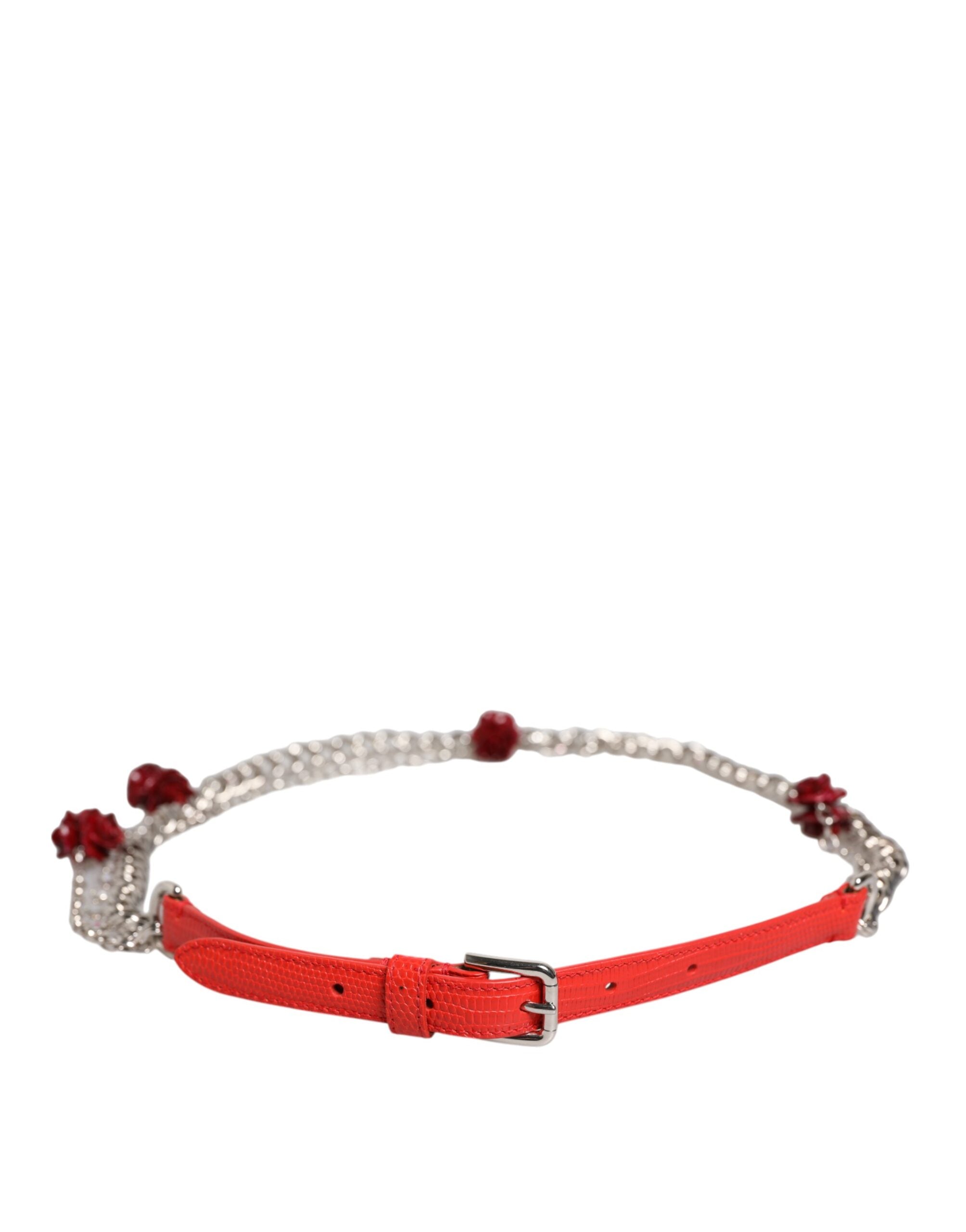 Dolce & Gabbana Cintura-Gürtel aus rotem Leder mit silberner Kette und Blumenmuster