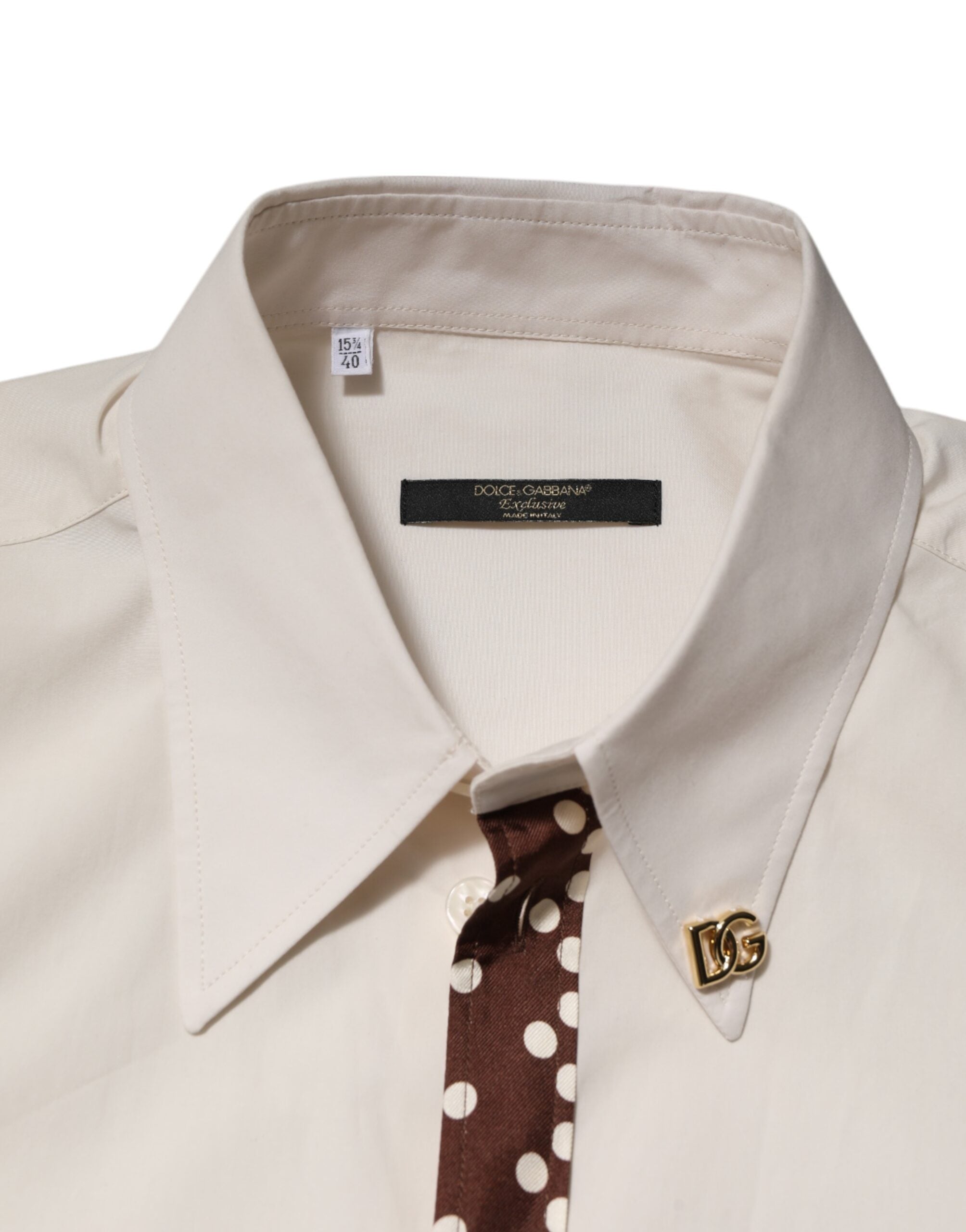 Dolce & Gabbana Cream White Cotton Polka Dot Slim Fit Shirt