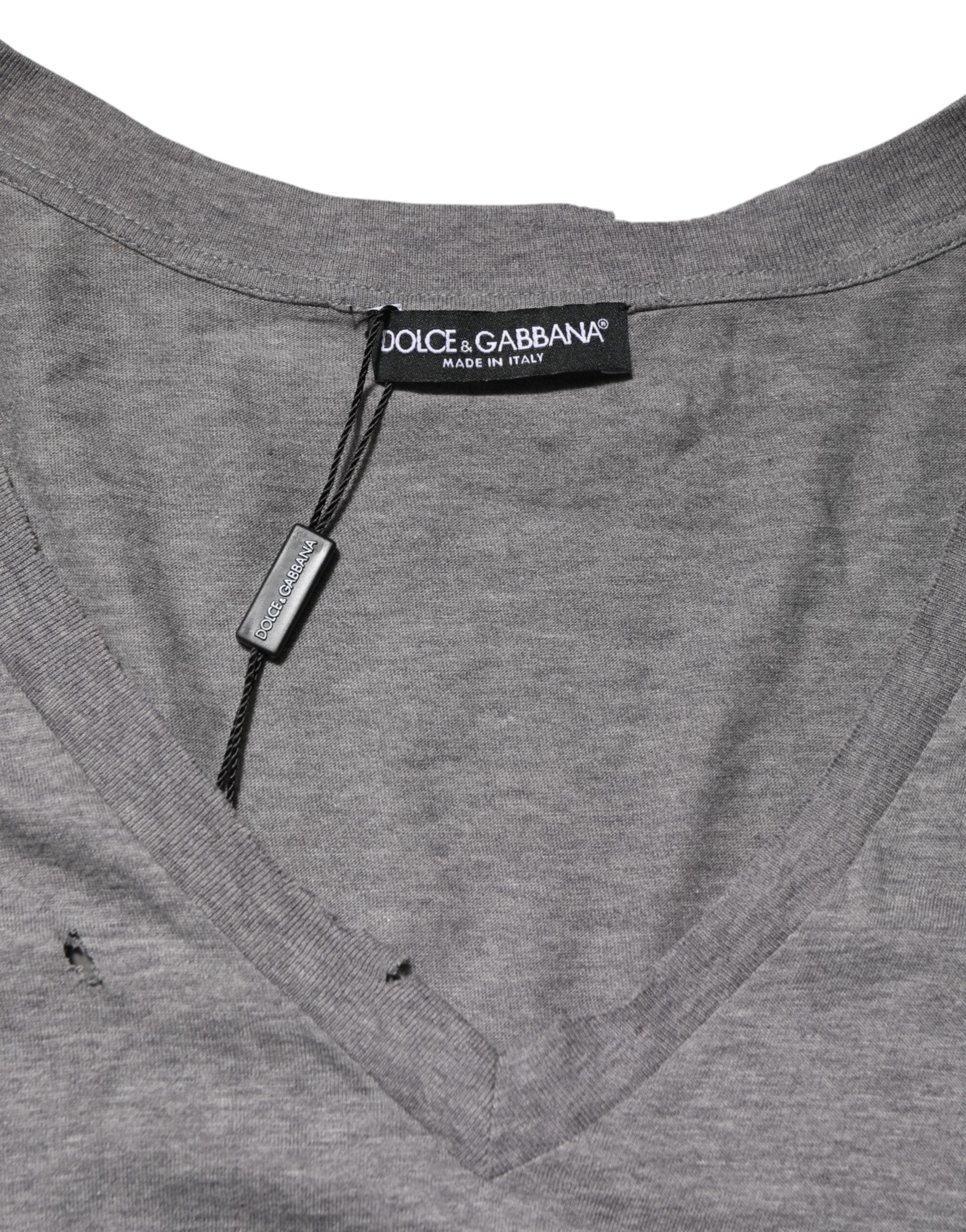 Dolce & Gabbana Gray Cotton Tattered Logo Patch Men T-shirt