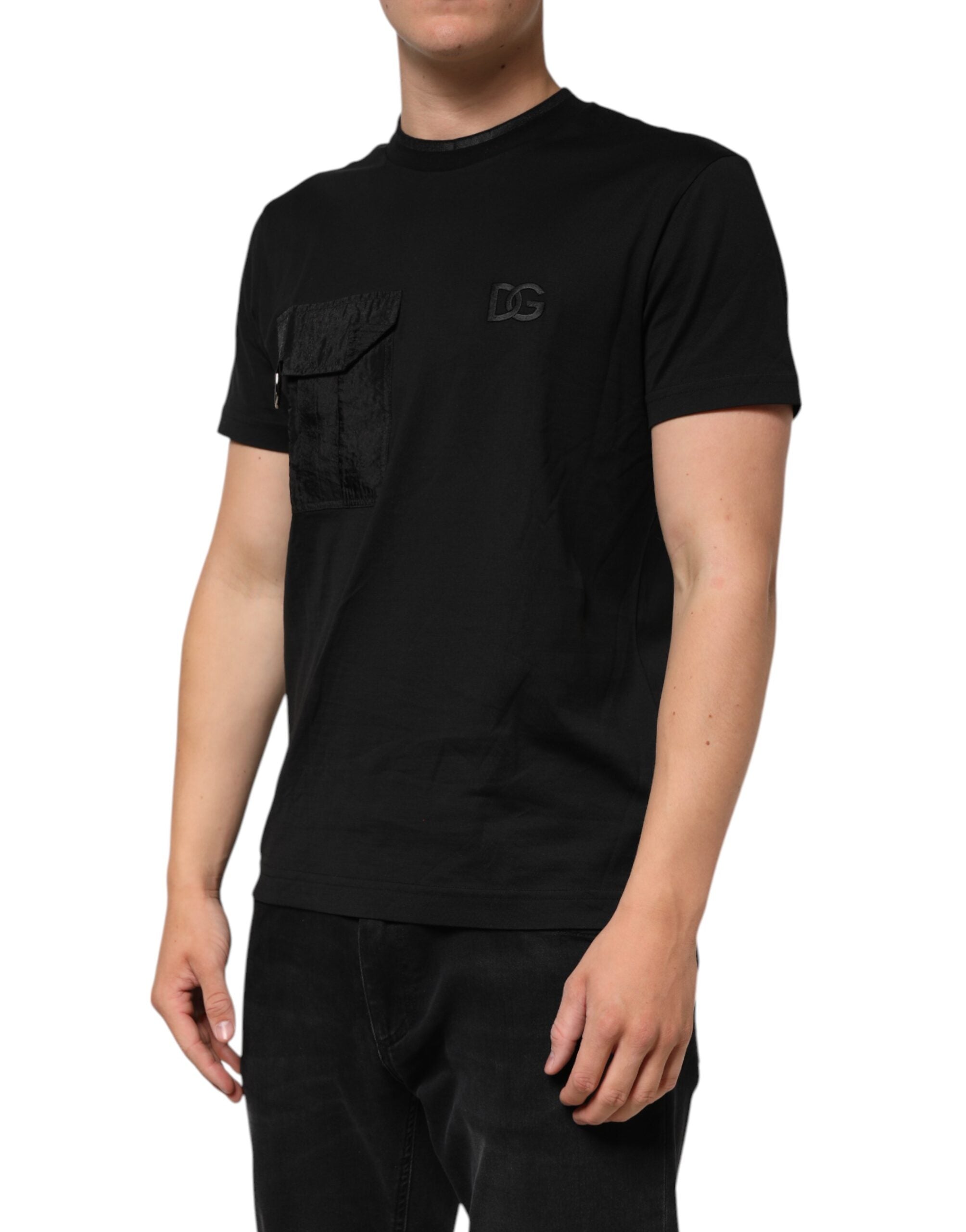 Dolce & Gabbana Black Cotton Embroidered DG Logo Pocket T-shirt