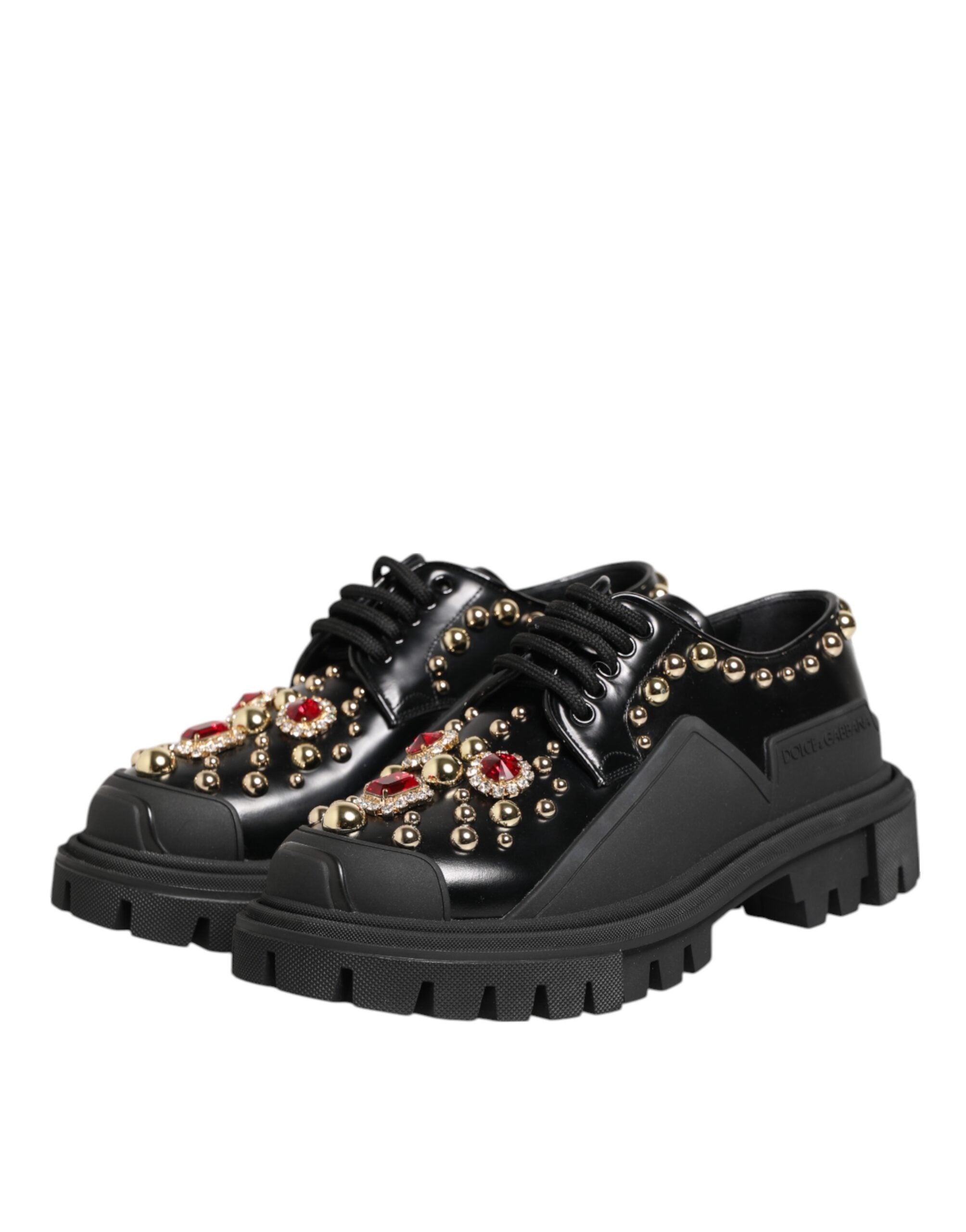 Dolce & Gabbana Black Leather Jeweled Crystals Derby Shoes