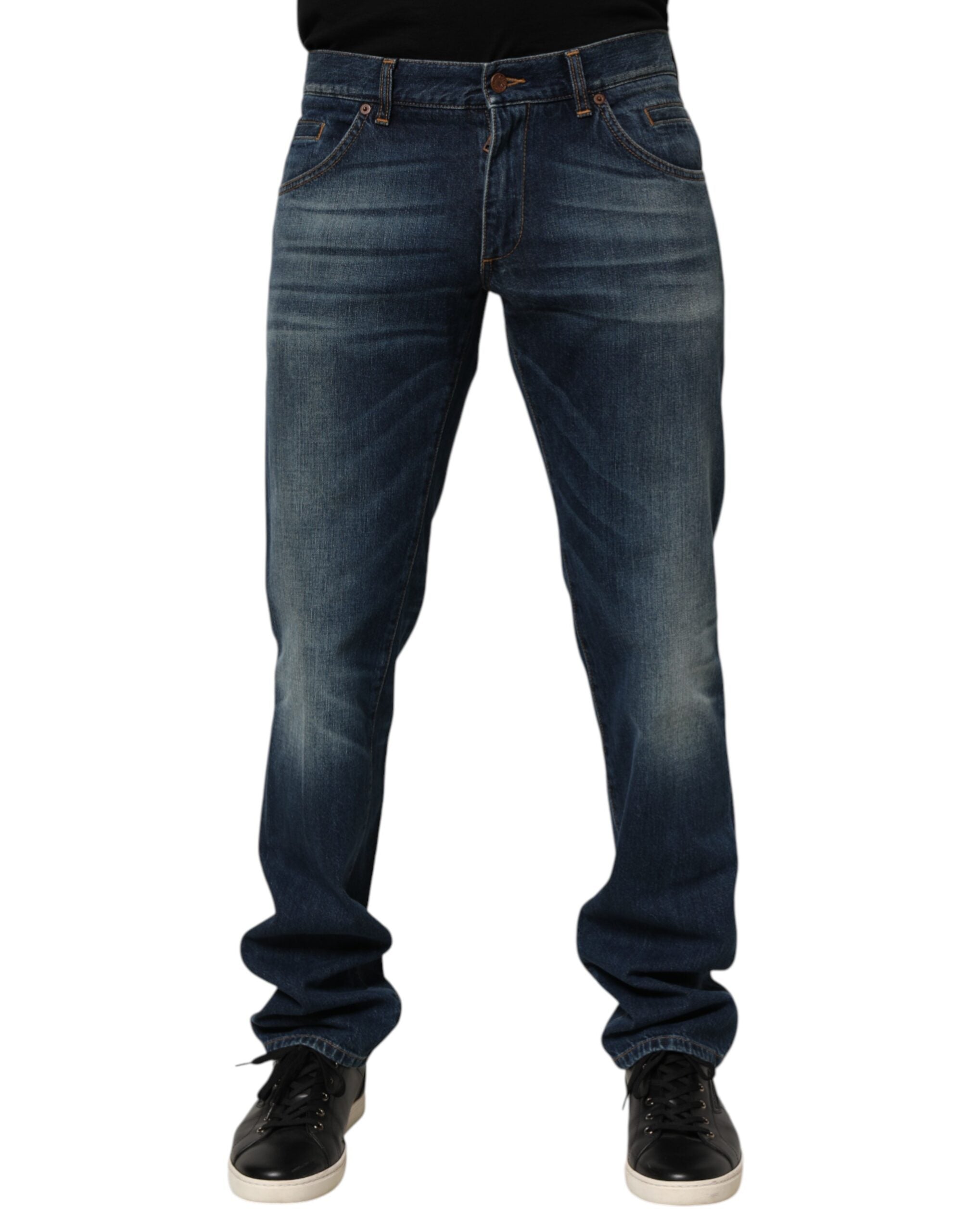 Dolce & Gabbana Dark Blue Washed Cotton Skinny Men Denim Jeans