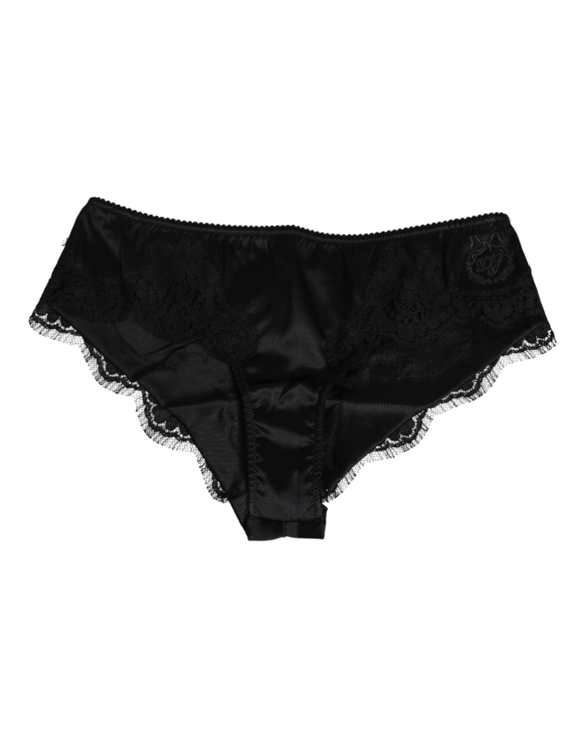 Dolce & Gabbana – Slip aus schwarzer Seidensatin mit floraler Spitze