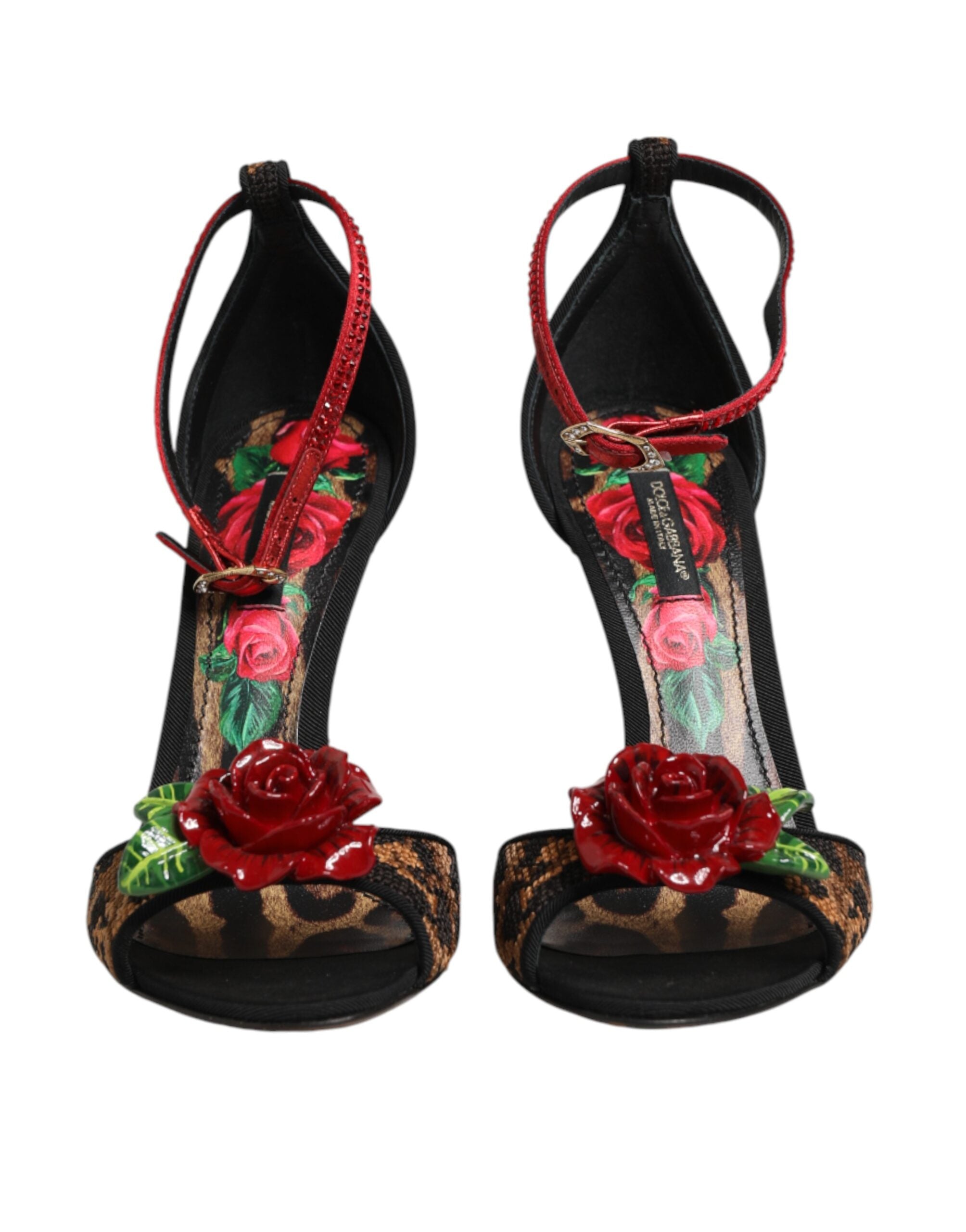 Dolce & Gabbana Brown Leopard Crystal Roses Sandals Shoes