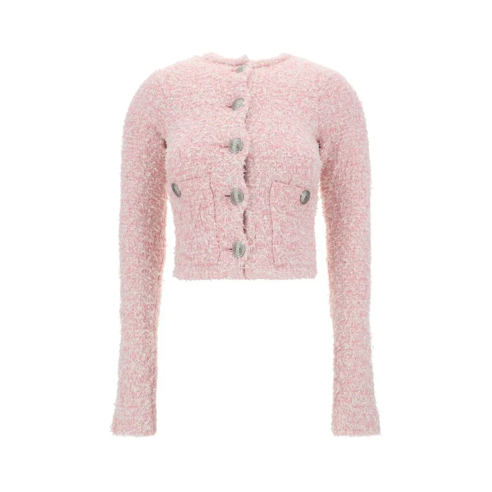 Stylish pink designer sweaters for women online featuring a cropped cut and button details