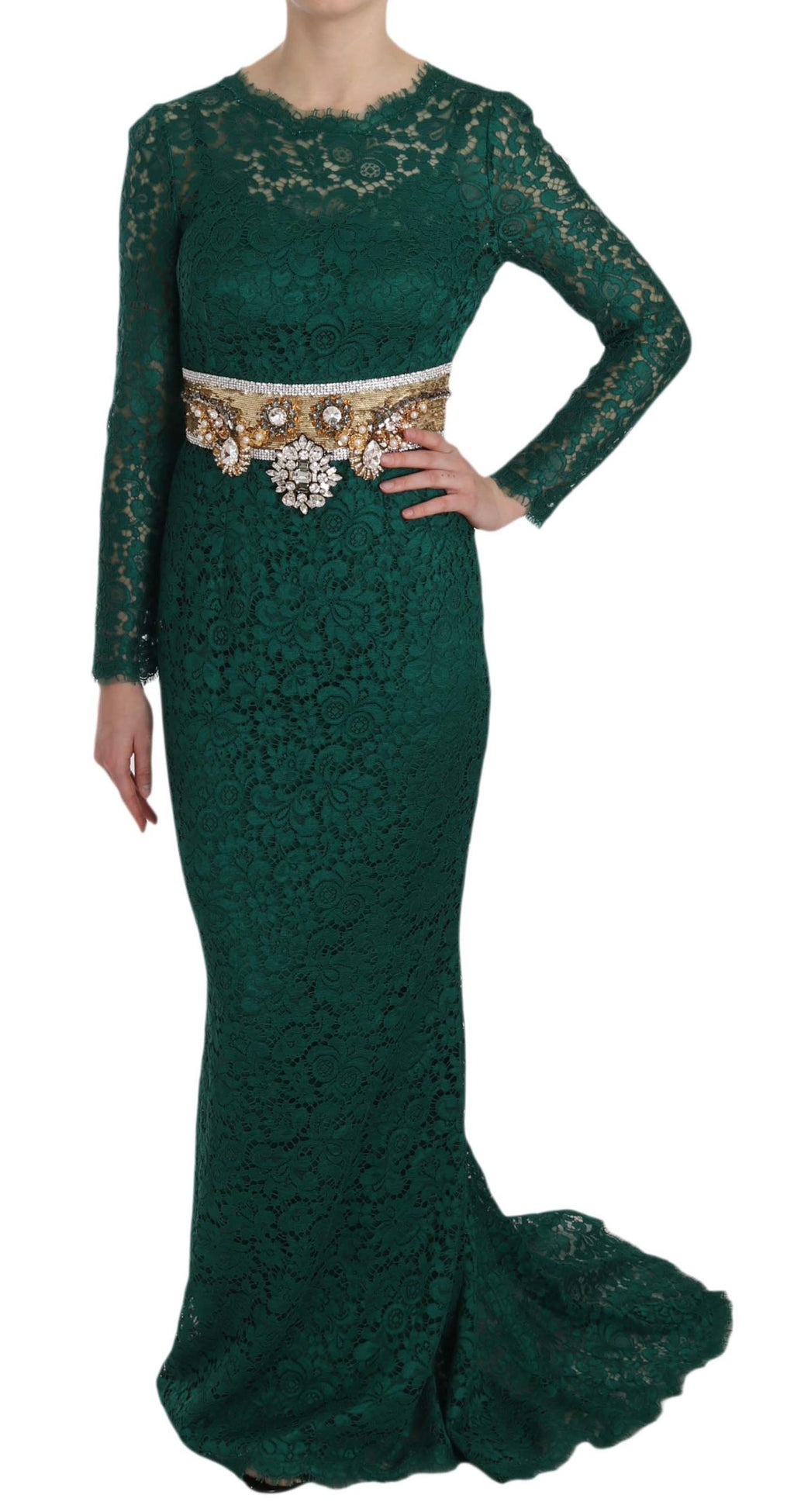 Dolce &amp; Gabbana Emerald Elegance Langarm-Bodenlanges Kleid