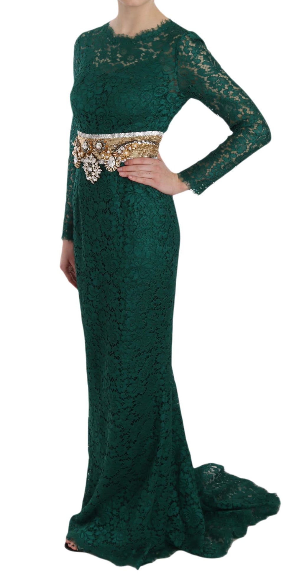 Dolce &amp; Gabbana Emerald Elegance Langarm-Bodenlanges Kleid