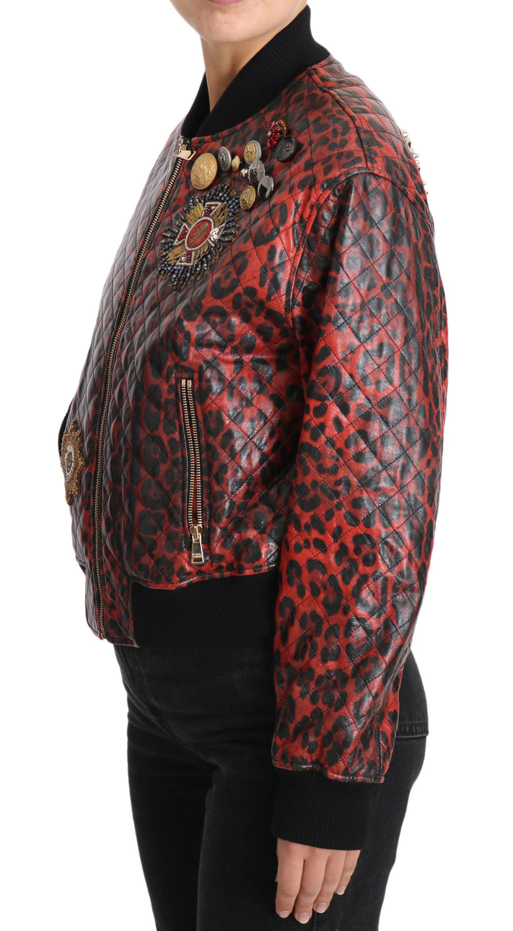 Dolce &amp; Gabbana – Rote Bomberjacke aus Leder mit Leopardenmuster und Kristallknöpfen