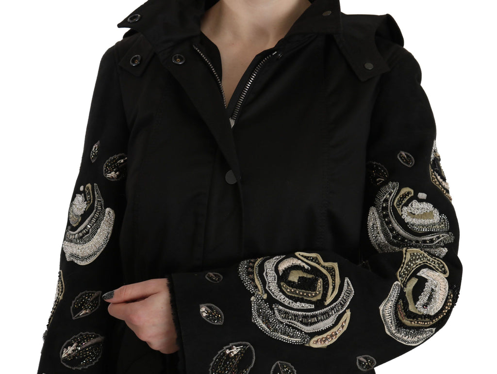 John Richmond – Elegante schwarze Parkajacke mit Perlenbesatz für Damen
