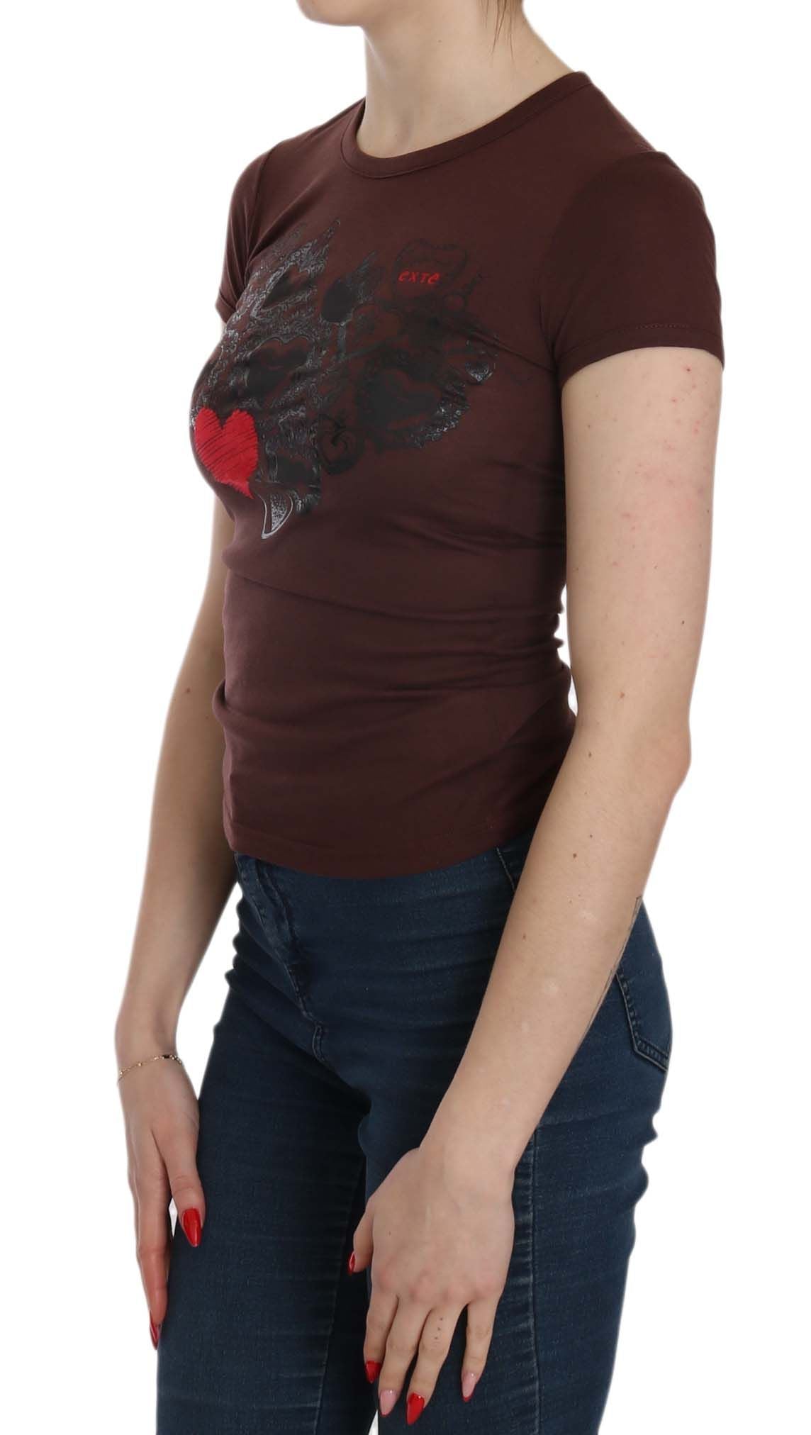 Exte Chic – Braune Bluse mit Rundhalsausschnitt und Herz-Print