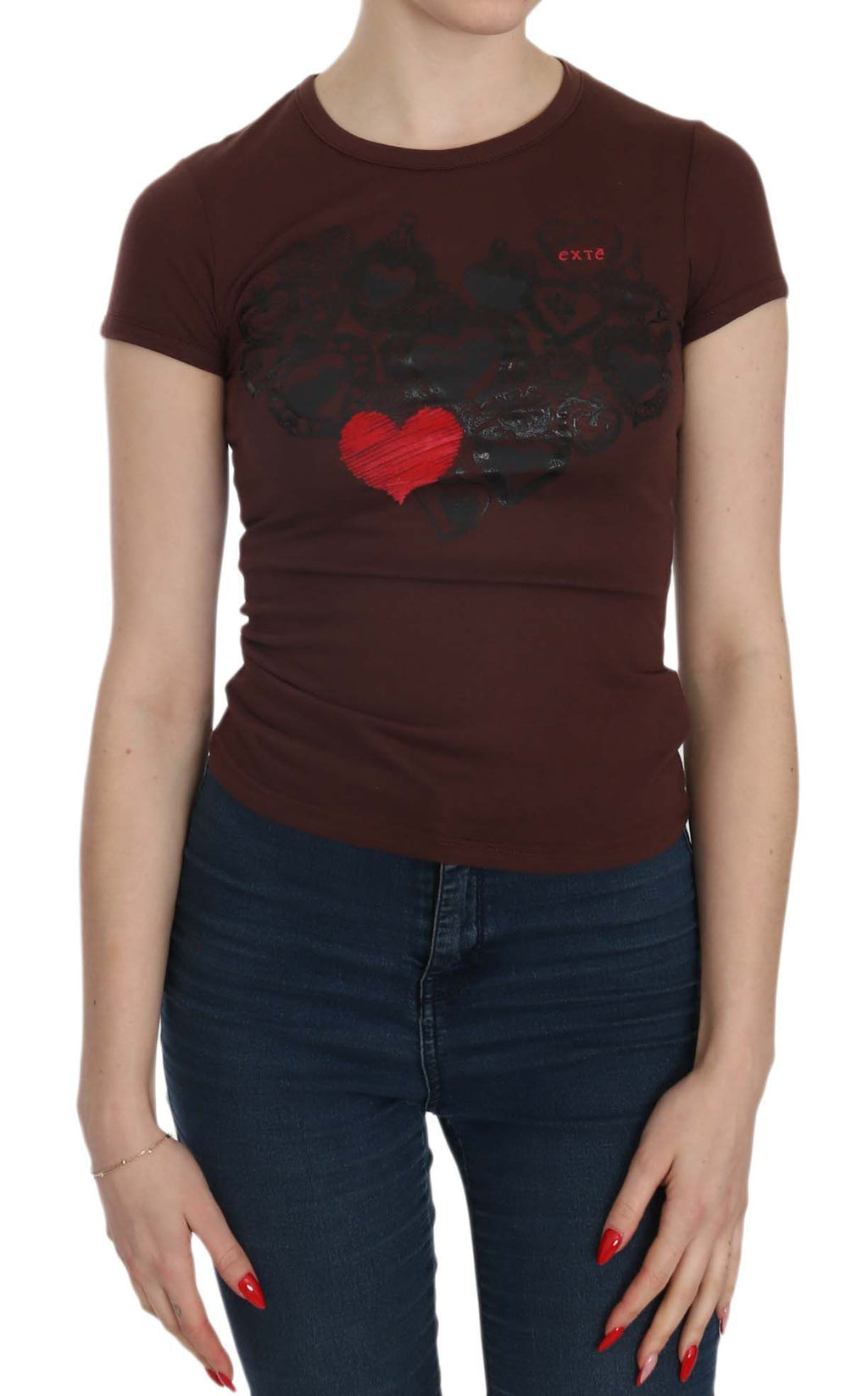 Exte Chic – Braune Bluse mit Rundhalsausschnitt und Herz-Print