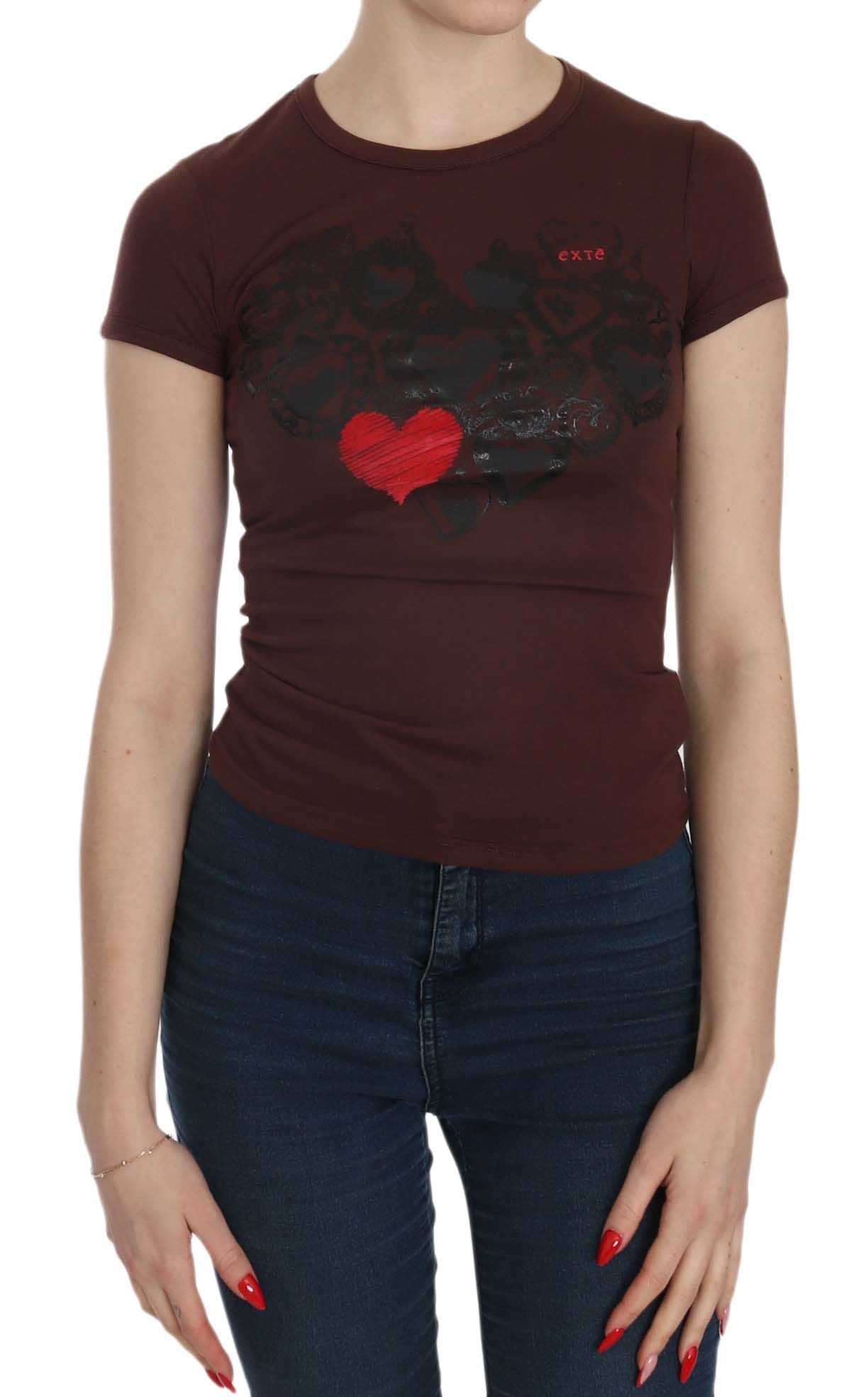 Exte Chic – Braune Bluse mit Rundhalsausschnitt und Herz-Print