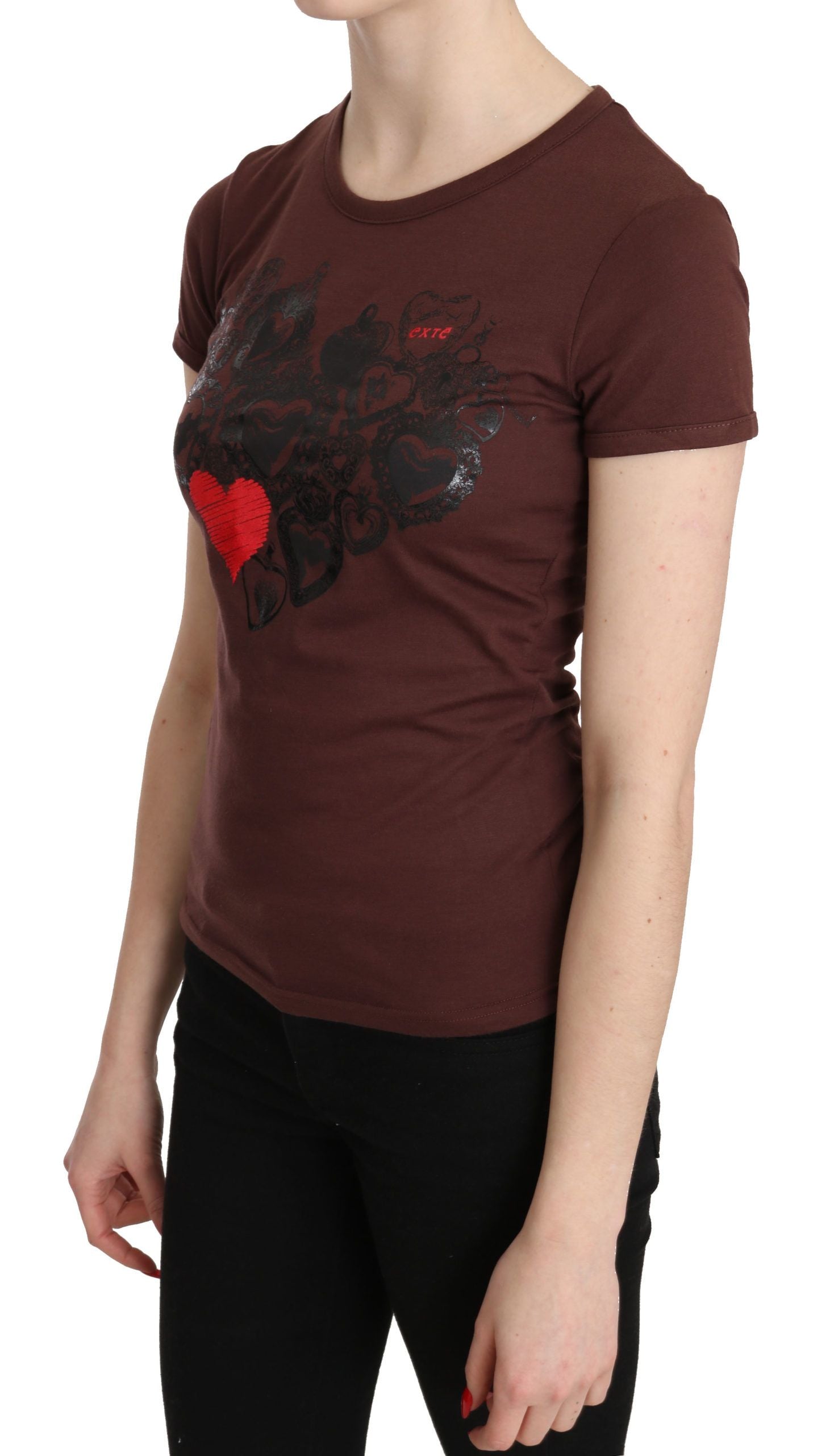 Exte Chic – Kurzärmliges Top mit Herz-Print in Braun