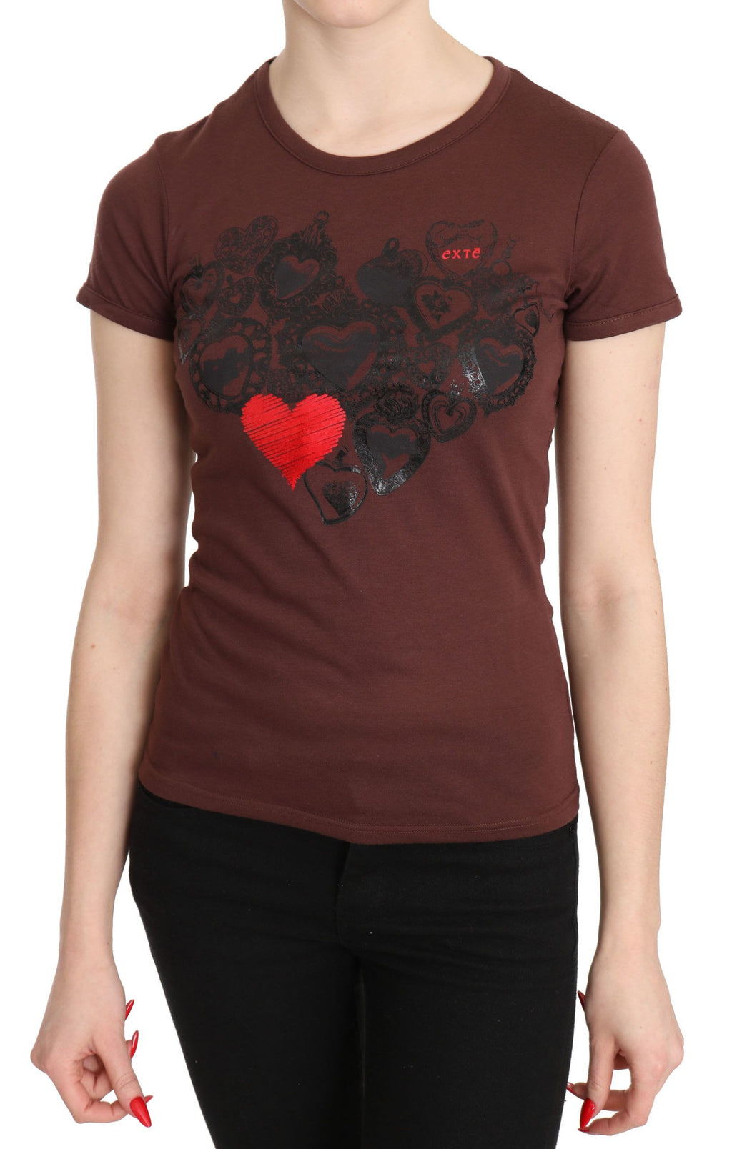 Exte Chic – Kurzärmliges Top mit Herz-Print in Braun