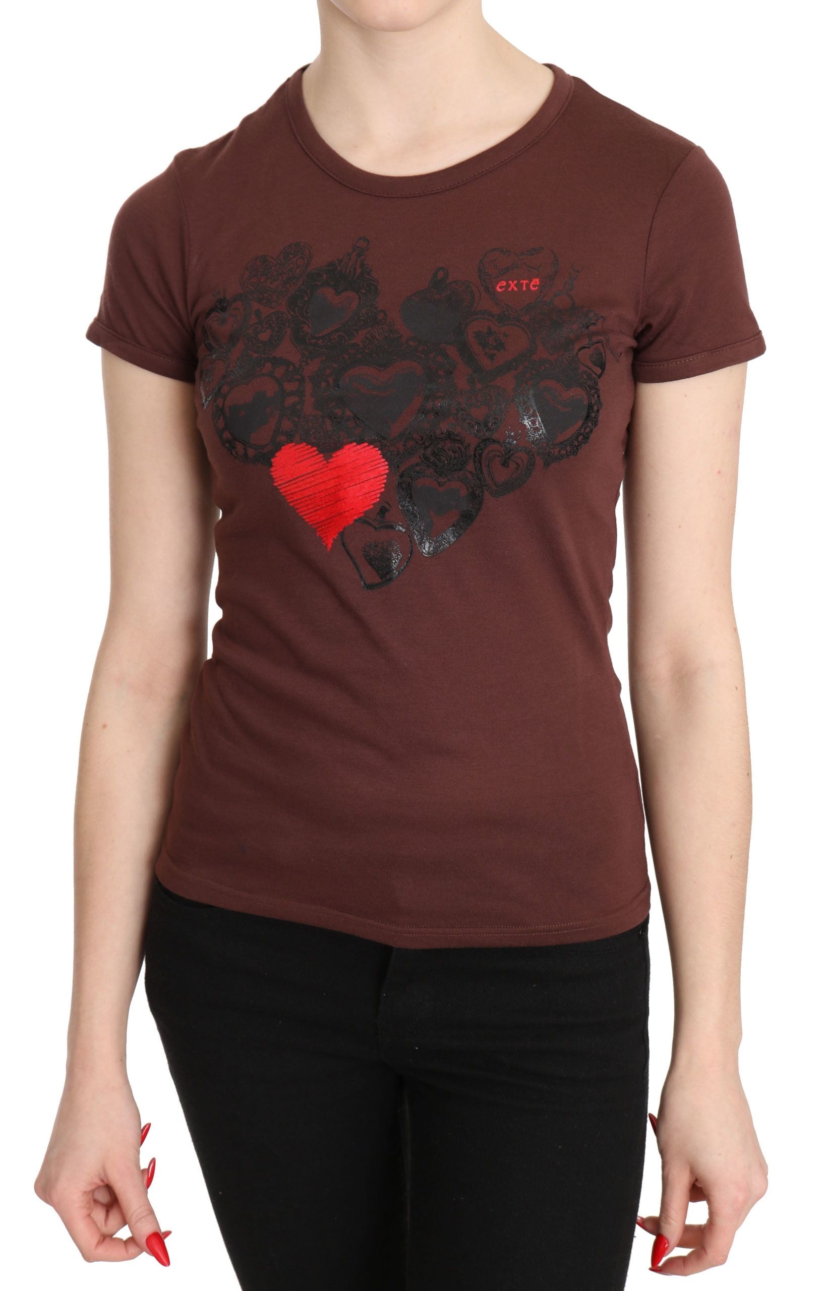 Exte Chic – Kurzärmliges Top mit Herz-Print in Braun