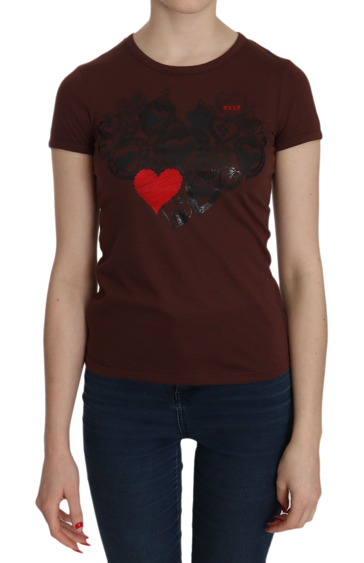 Exte Chic – Braunes Top mit Rundhalsausschnitt und Herzmuster