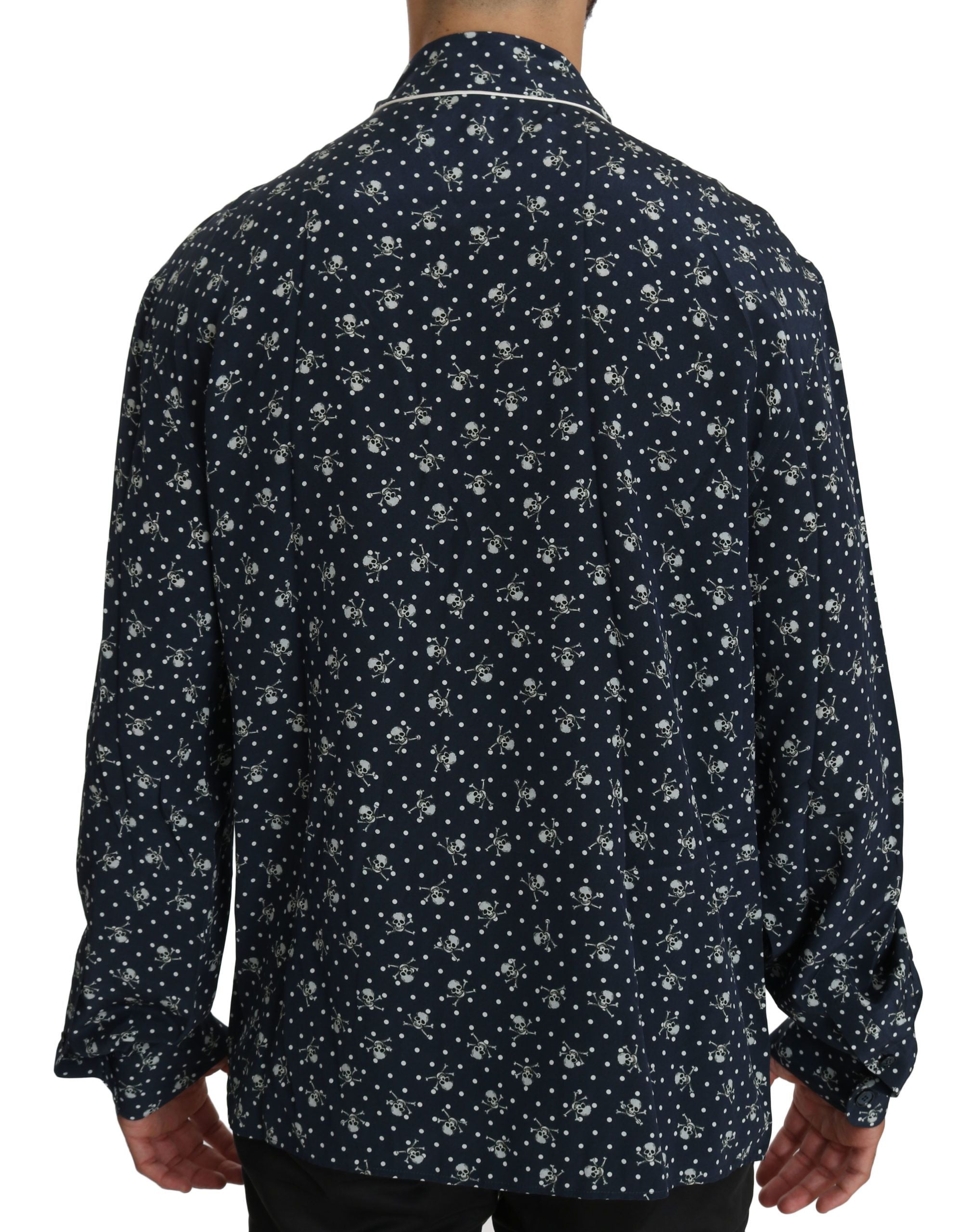 Dolce &amp; Gabbana Silken Elegance: Blaues Lounge-Shirt mit Totenkopf-Print
