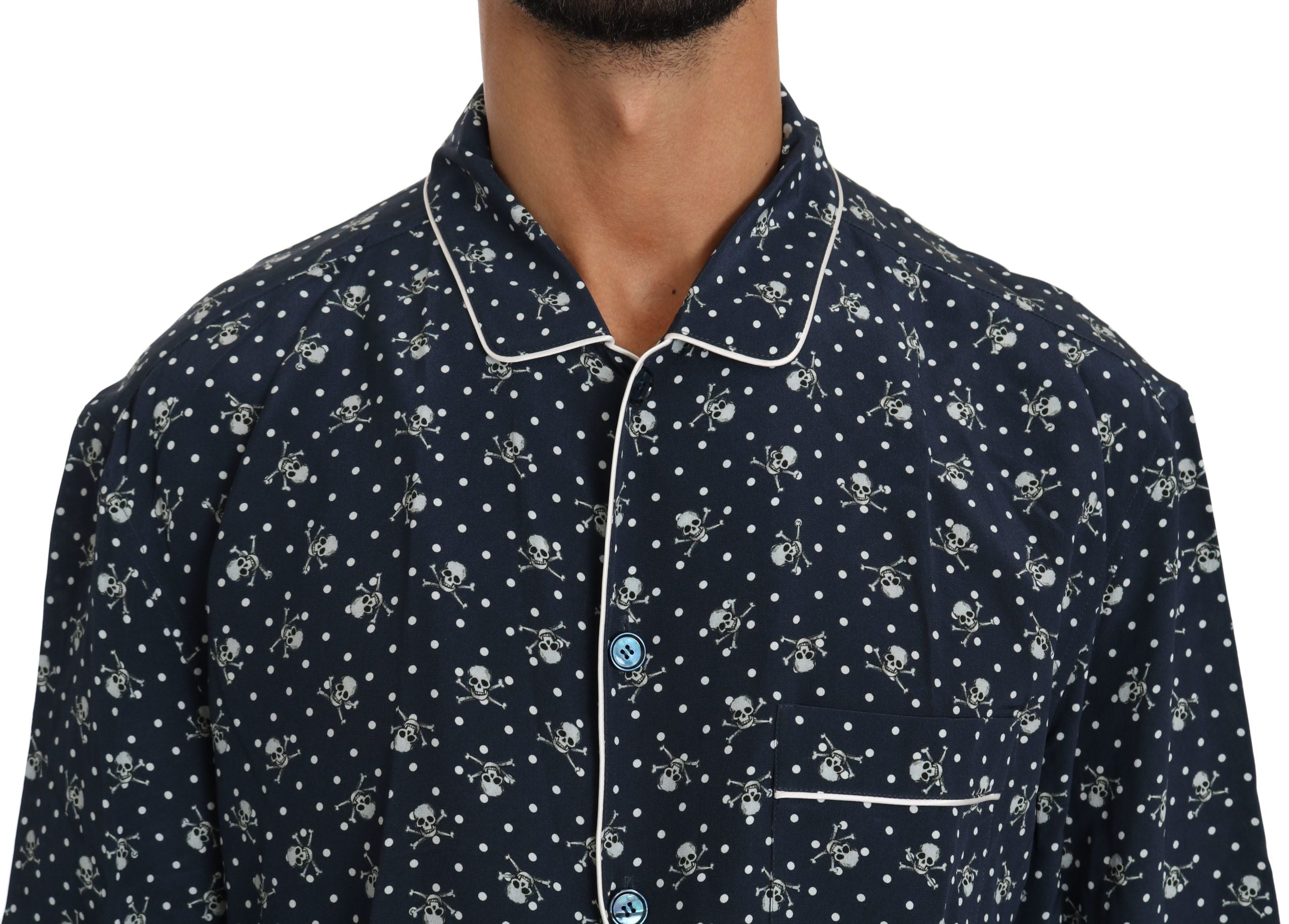 Dolce &amp; Gabbana Silken Elegance: Blaues Lounge-Shirt mit Totenkopf-Print