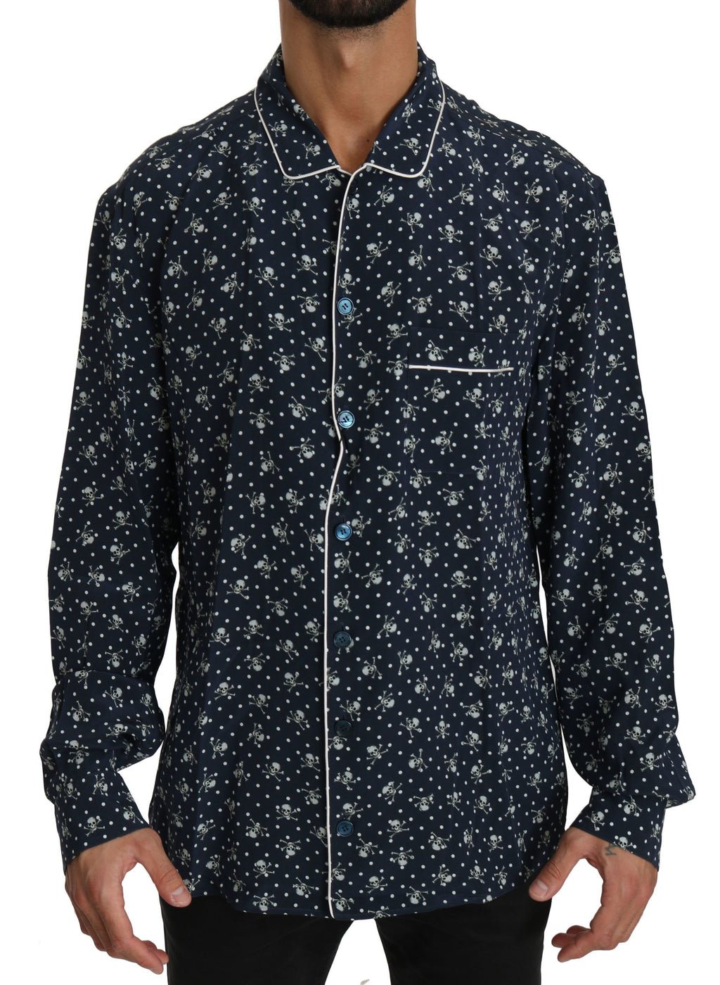 Dolce &amp; Gabbana Silken Elegance: Blaues Lounge-Shirt mit Totenkopf-Print