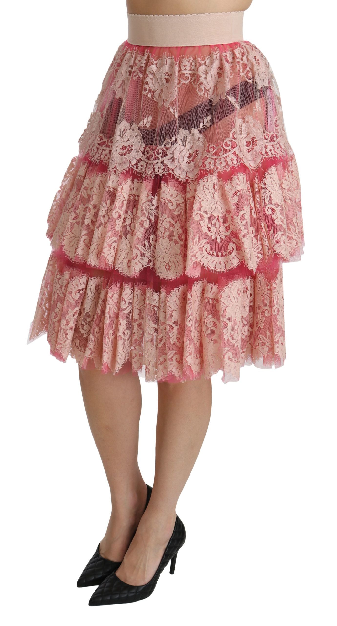 Dolce &amp; Gabbana Eleganter rosa Spitzenrock mit hoher Taille